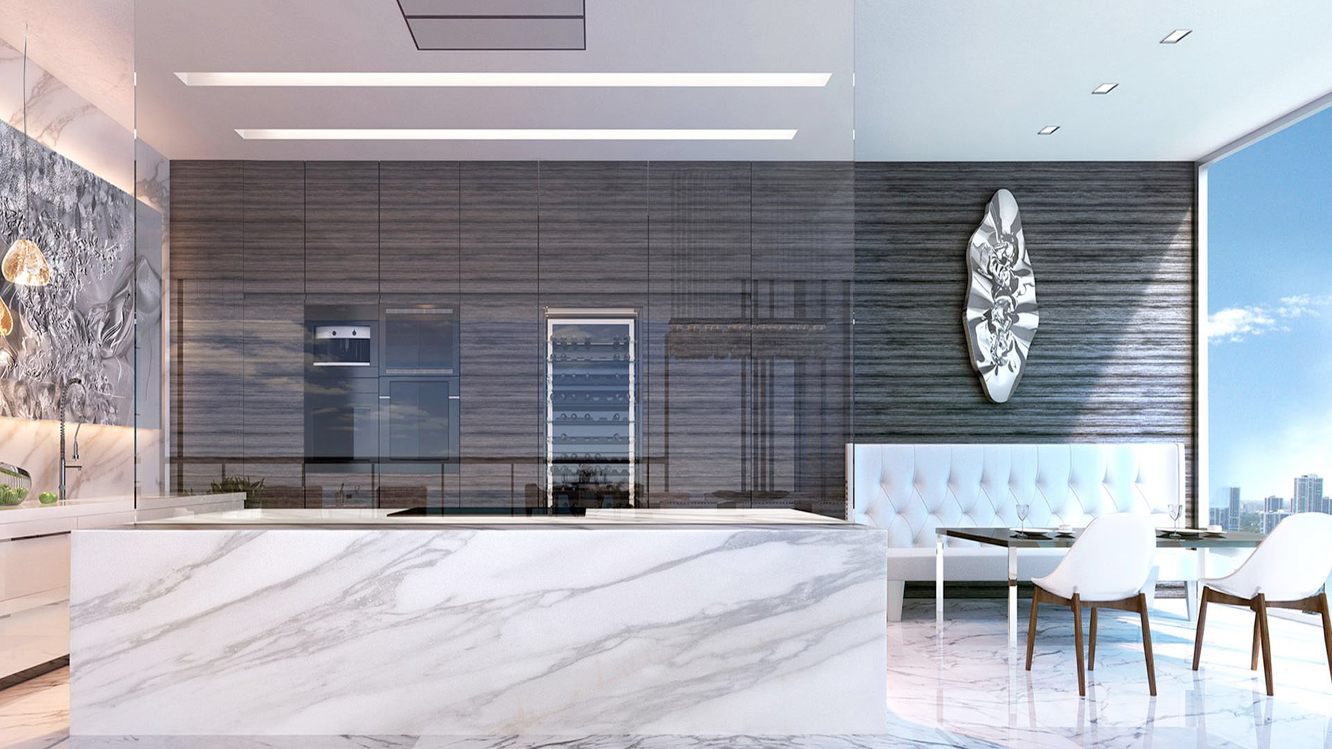 Chef kitchen with a marble waterfall island, dark wood cabinetry, and wine wall at Muse Residences in Sunny Isles Beach, designed for luxury and ultra luxury condos.