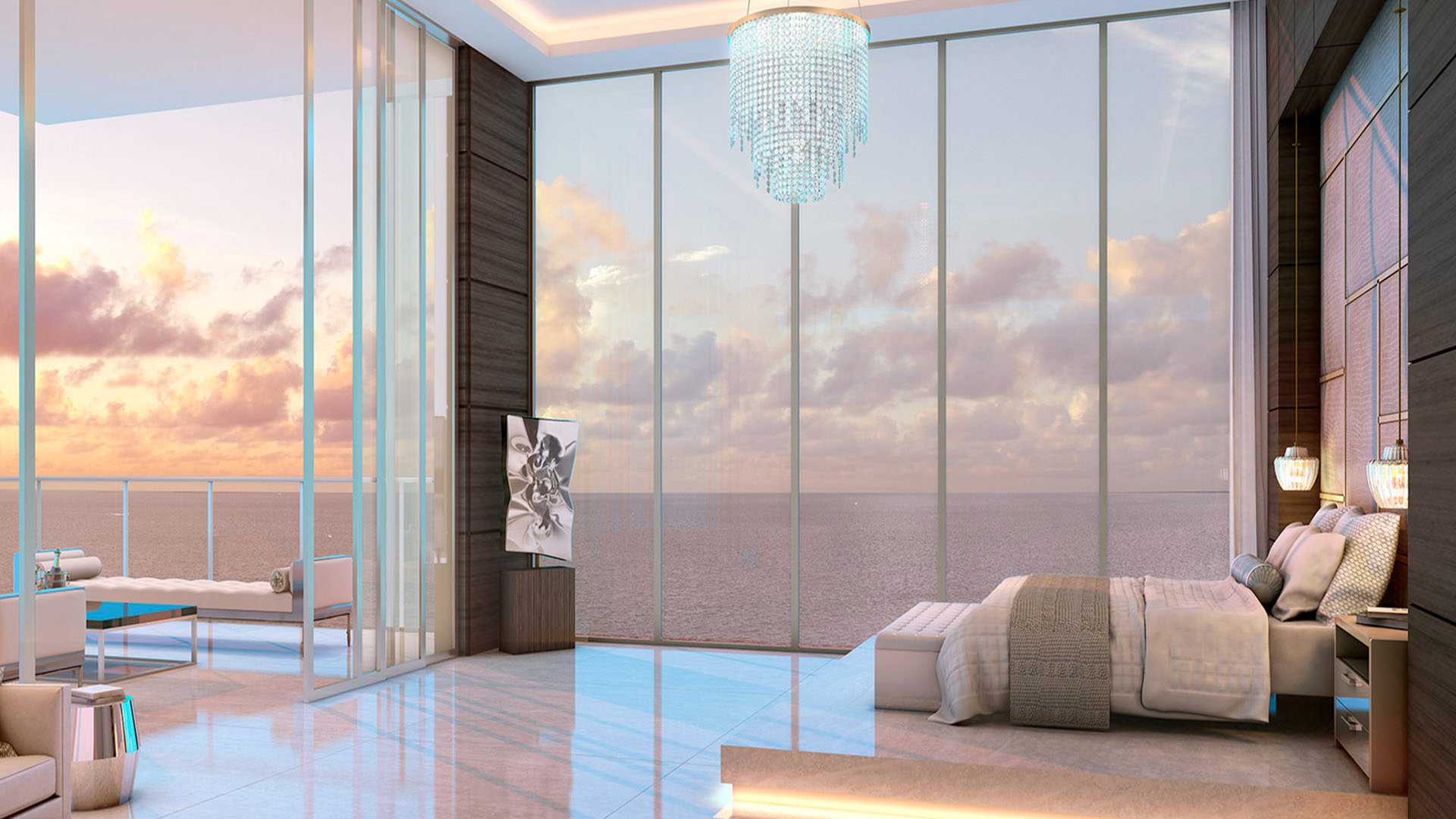 Primary bedroom with floor-to-ceiling ocean views and a private terrace at Muse Residences in Sunny Isles Beach, defining luxury and ultra luxury condos.