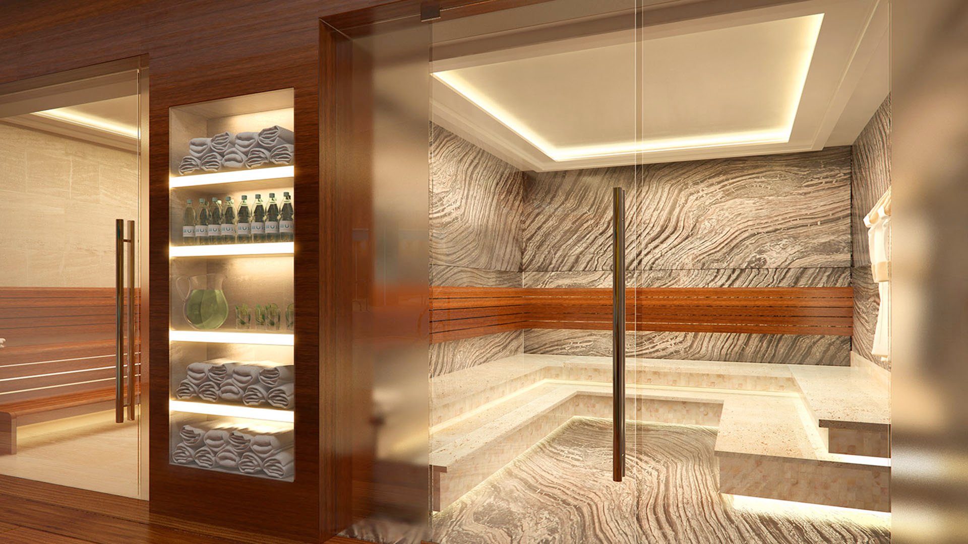 Spa steam room with stone benches, warm wood detailing, and a sauna entrance at Muse Residences in Sunny Isles Beach, adding wellness to luxury and ultra luxury condos.