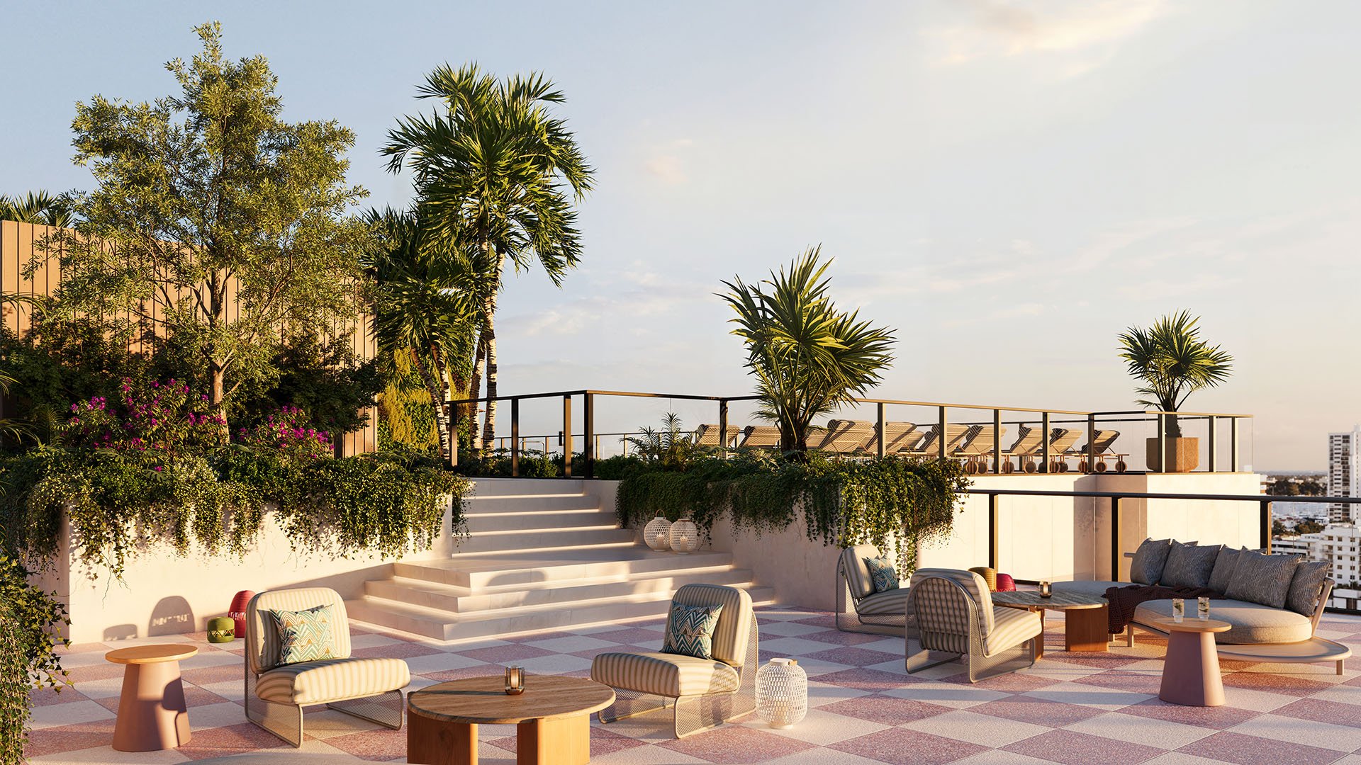 Rooftop terrace lounge at Nora House in West Palm Beach, luxury and ultra luxury condos with checkerboard pavers, plush seating, tropical planters, layered sun decks, and an open-air social space.