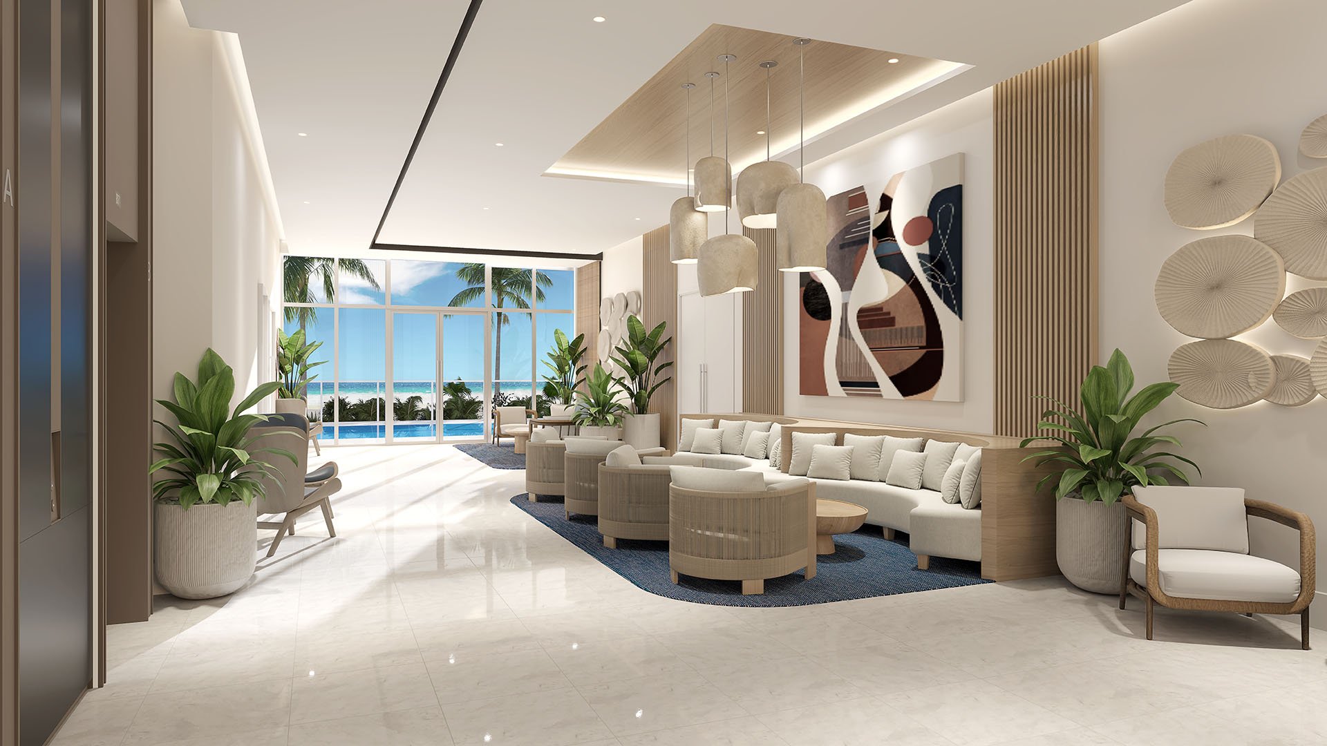 Double-height lobby lounge at Ocean 580 in Pompano Beach, preconstruction luxury and ultra luxury condos with sculptural lighting, plush seating, polished floors and ocean views through full-height glass.