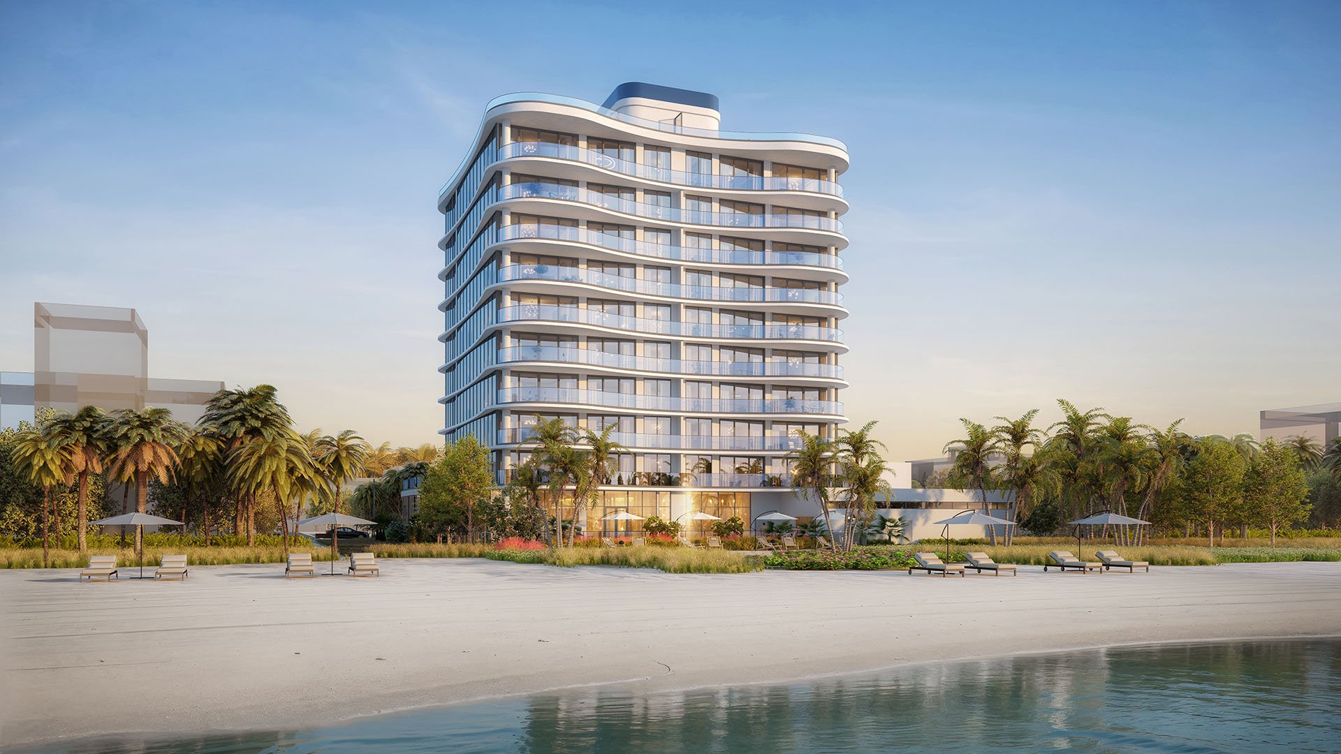 Full exterior perspective of Ocean 580 in Pompano Beach, preconstruction luxury and ultra luxury condos with the beachfront tower rising above palm landscaping and sandy coastal surroundings.