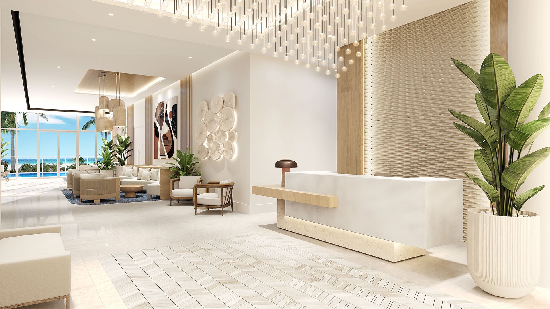 Lobby reception at Ocean 580 in Pompano Beach, preconstruction luxury and ultra luxury condos with a sleek reception desk, designer seating, statement lighting, textured walls and ocean-facing windows.