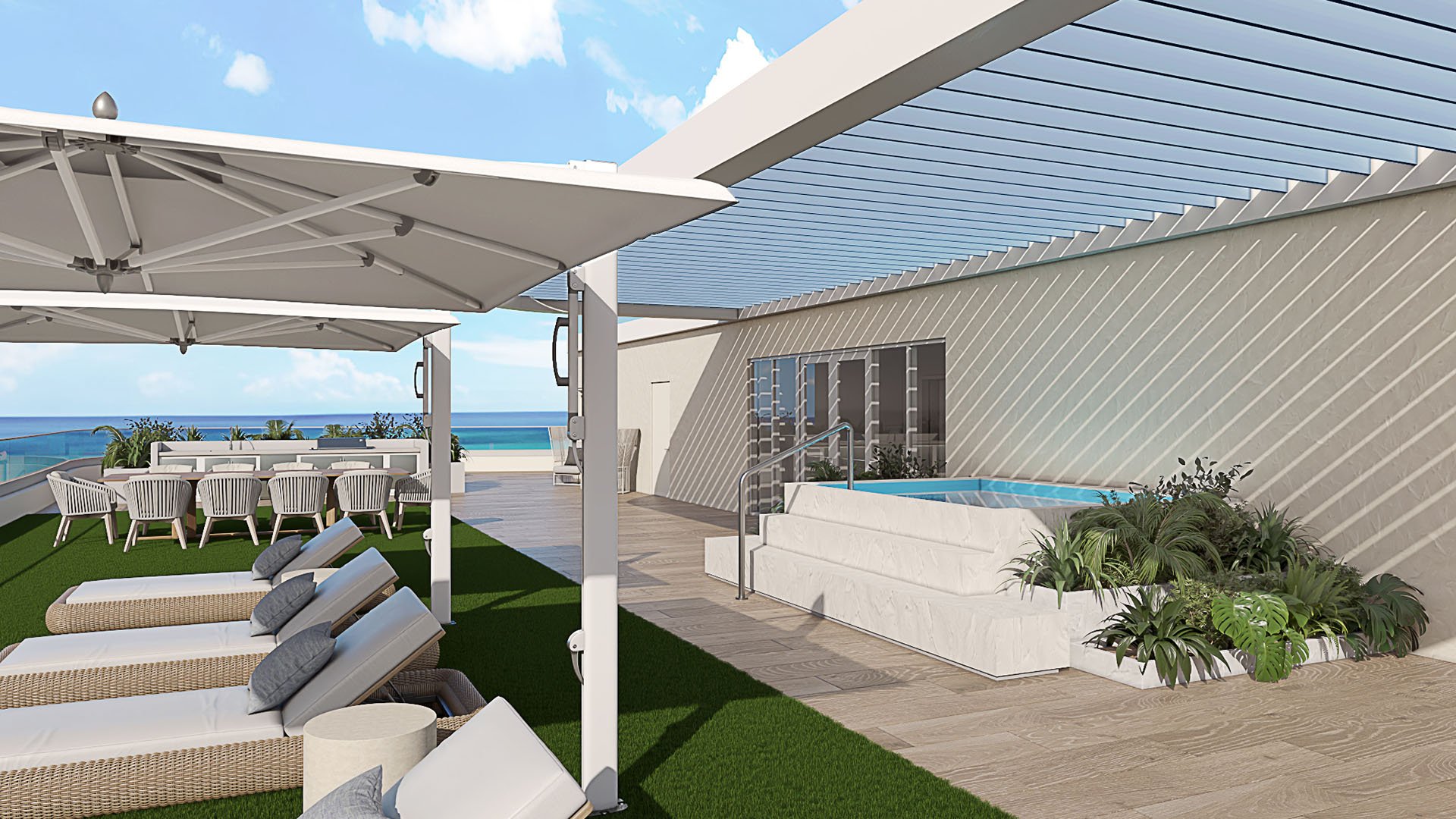 Rooftop pergola lounge at Ocean 580 in Pompano Beach, preconstruction luxury and ultra luxury condos with shaded sun loungers, outdoor dining, a raised spa and open ocean views.