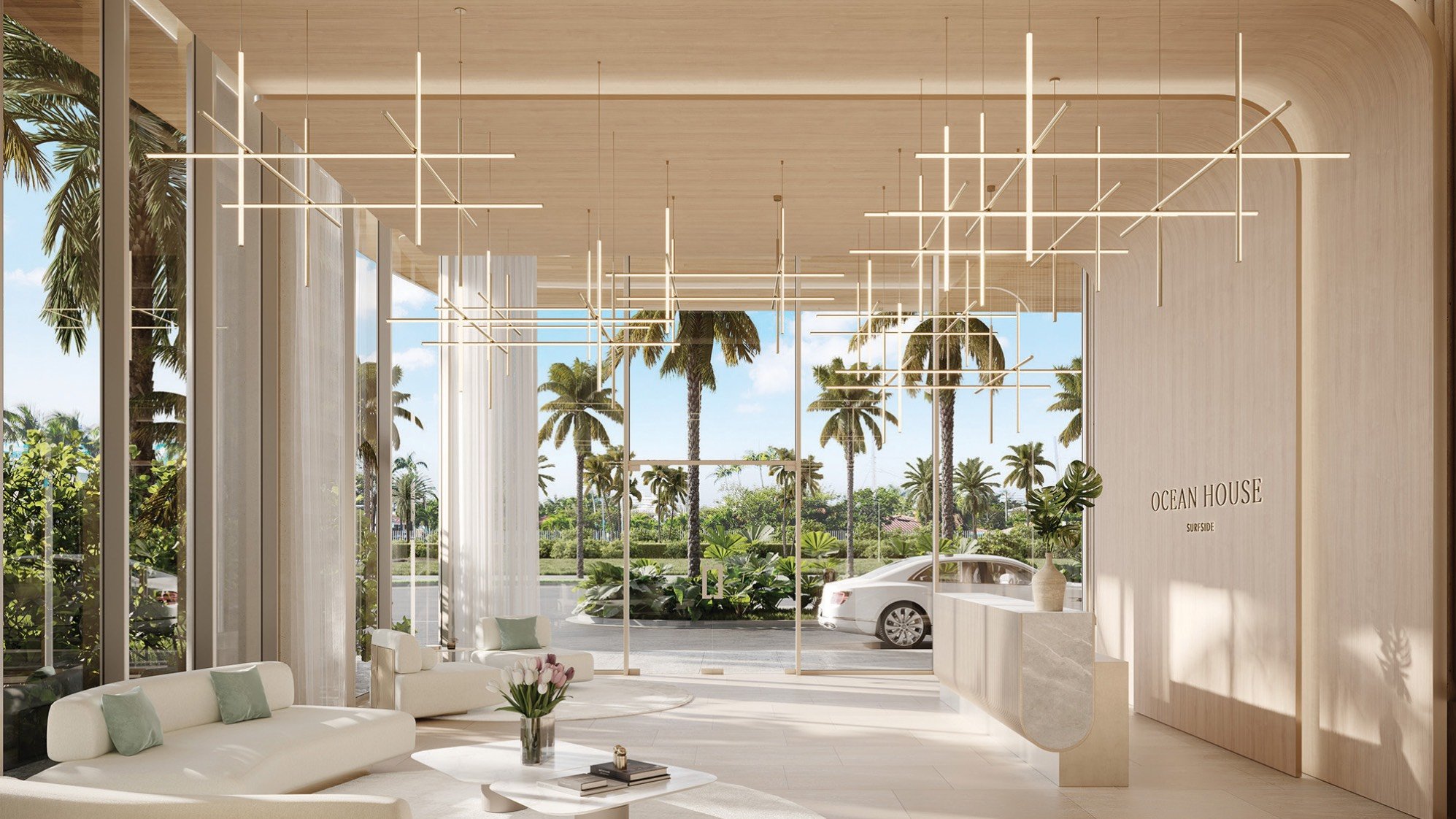 Ocean House, Surfside lobby with sculptural seating and art; refined amenity for luxury and ultra luxury condos; resale. Featuring interior.