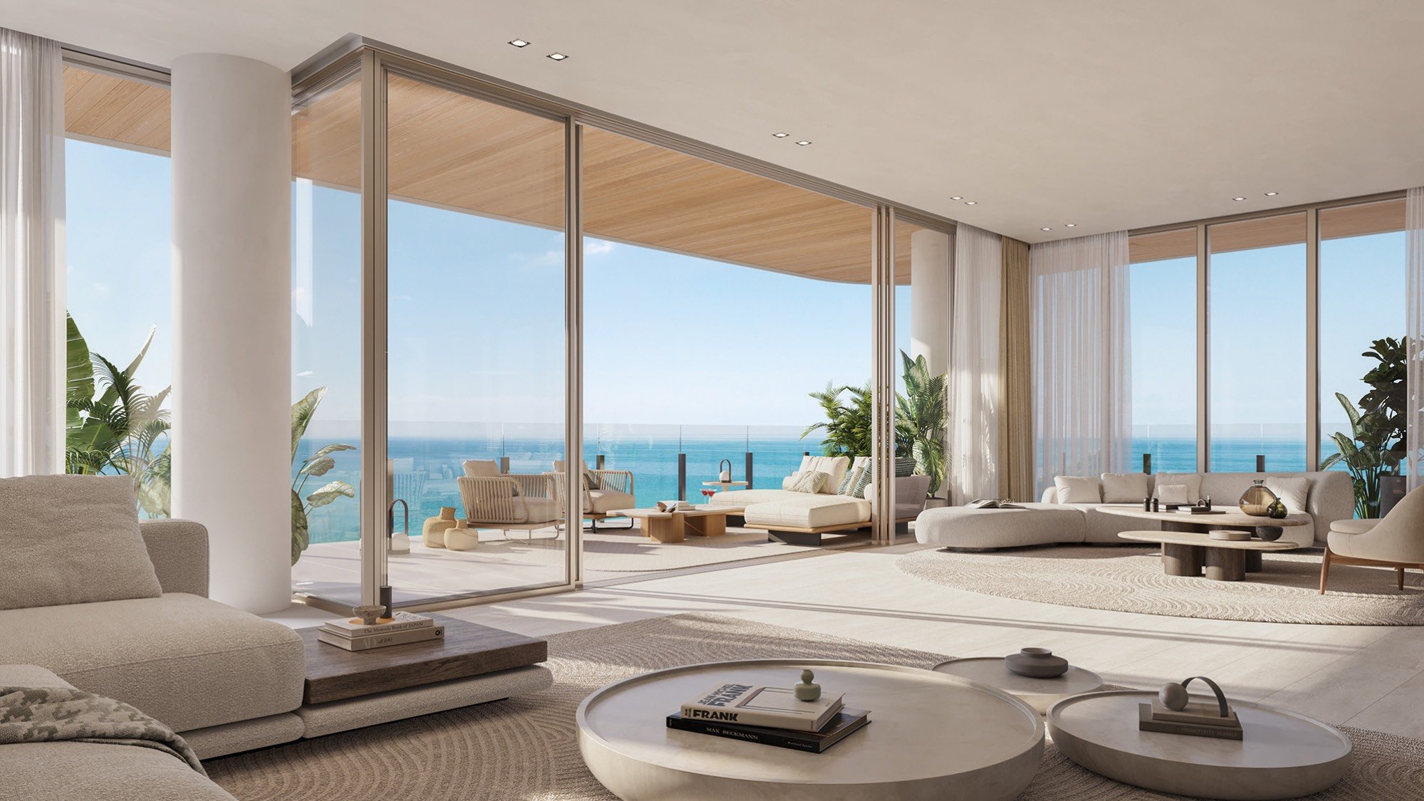 Ocean House, Miami Beach coastal living room with expansive ocean view-South of Fifth; open‑plan design in luxury and ultra luxury condos; resale.