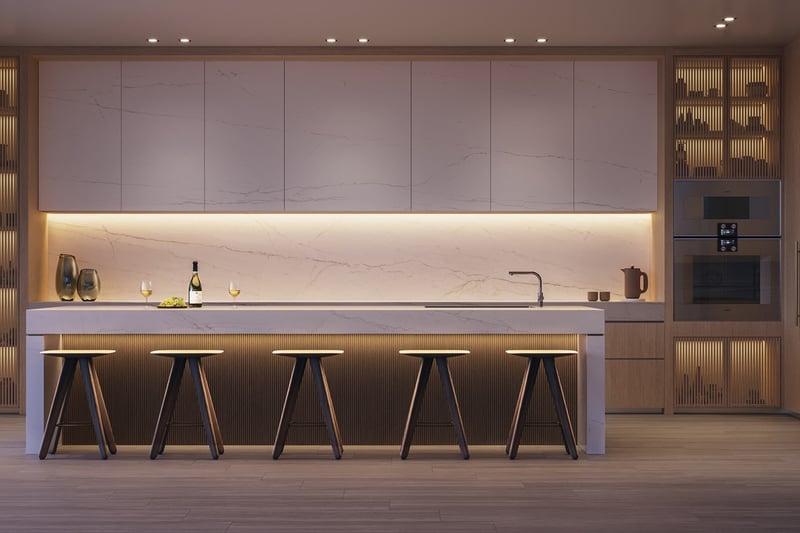 Ocean House, Surfside modern kitchen with premium finishes; chef‑ready interiors in luxury and ultra luxury condos; resale. Featuring interior and setup.