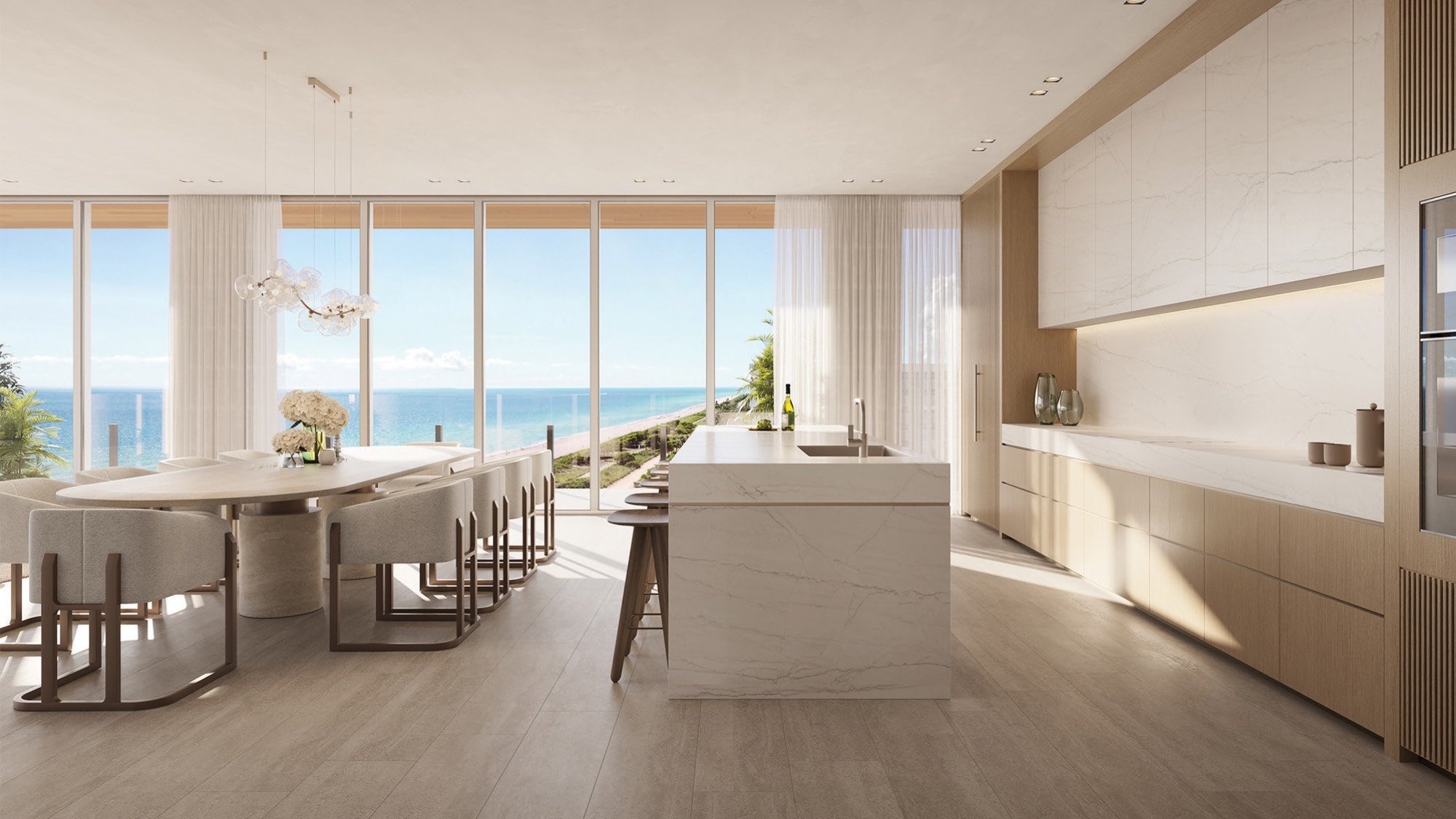 Ocean House, Surfside kitchen with full ocean view; designer appliances in luxury and ultra luxury condos; resale. Featuring modern.