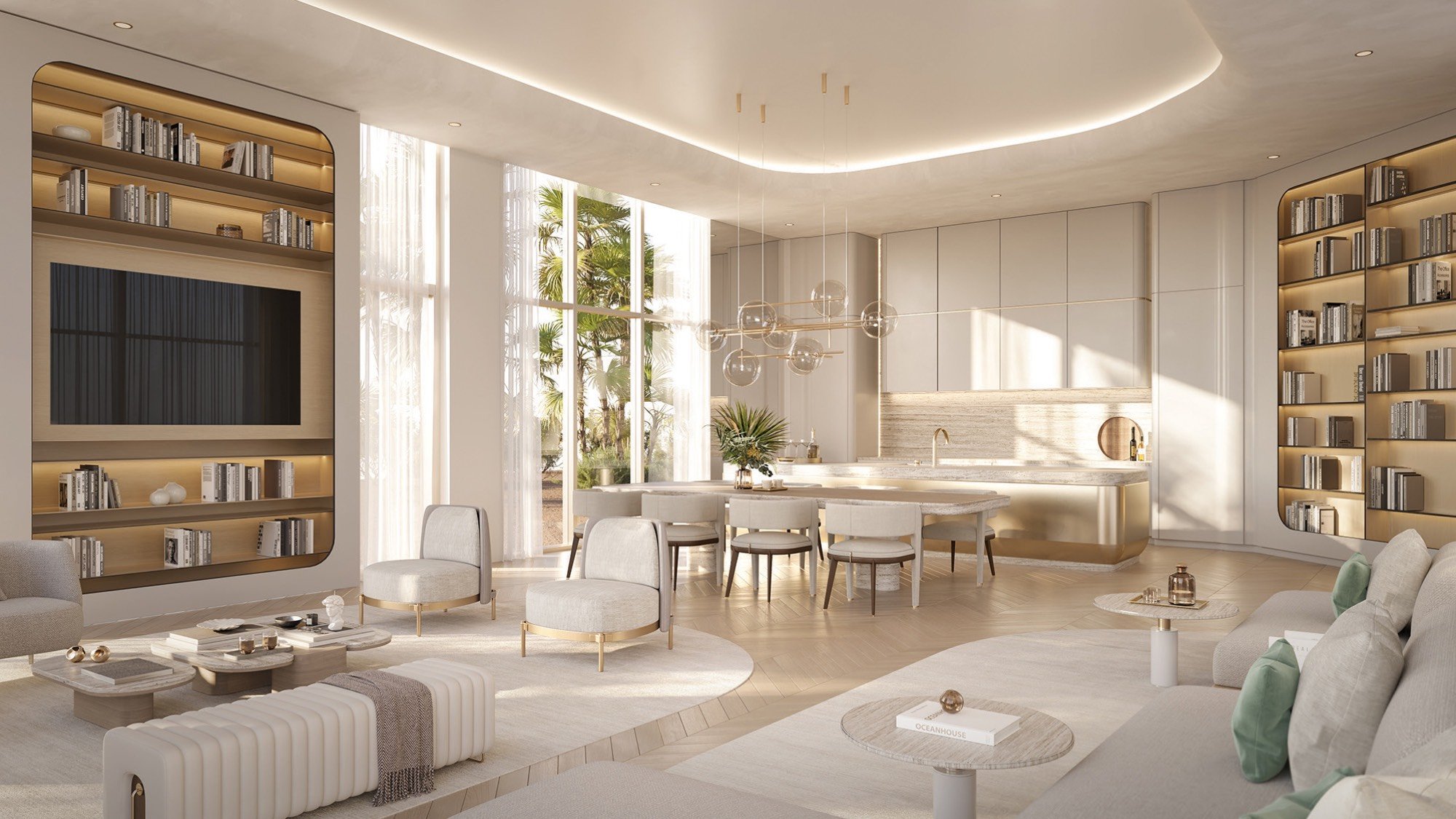 Ocean House, Surfside modern living room interior design; curated materials in luxury and ultra luxury condos; resale.