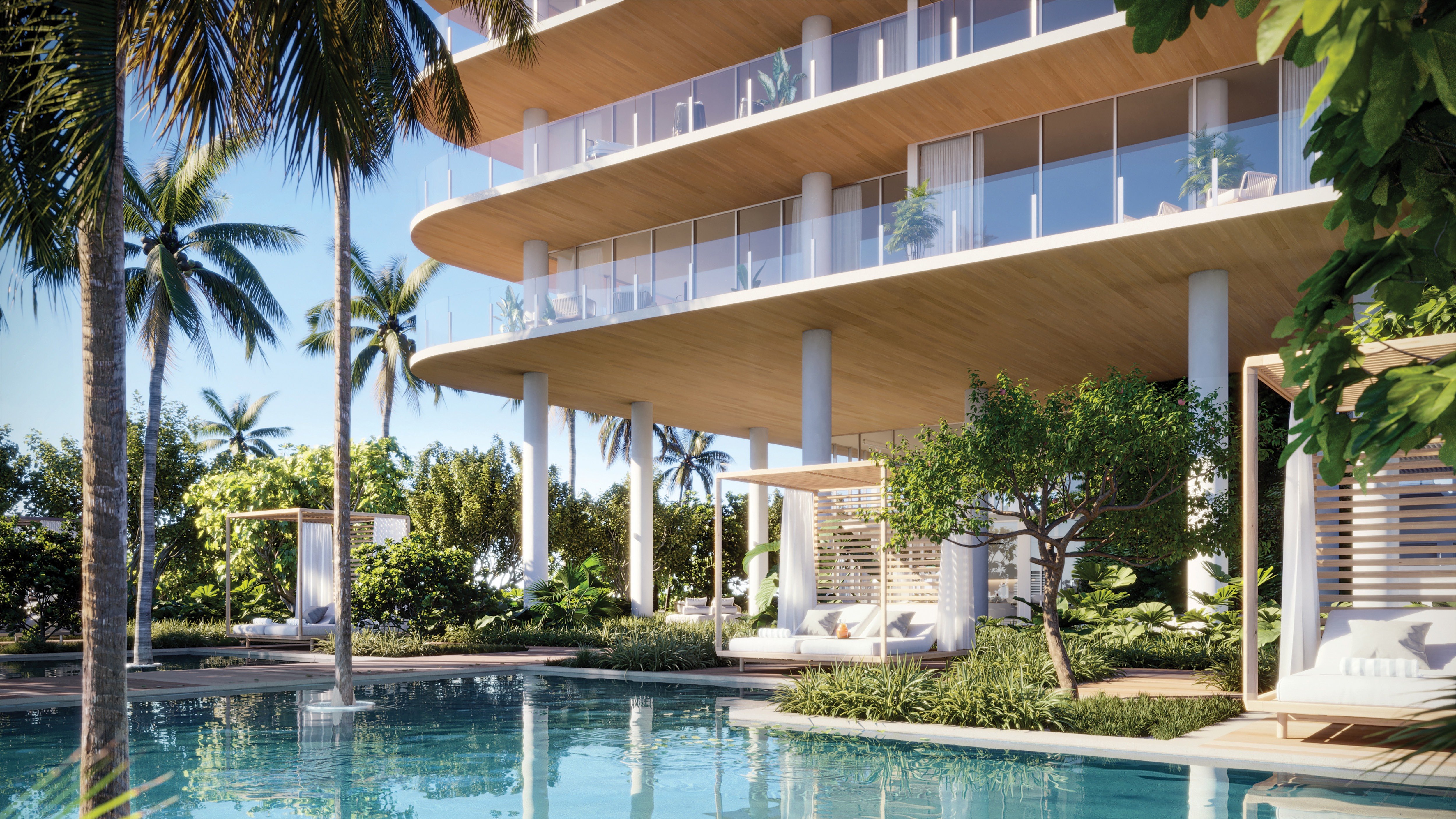 Ocean House, Surfside resort poolside living with loungers; beachfront amenities for luxury and ultra luxury condos; resale. Featuring modern.