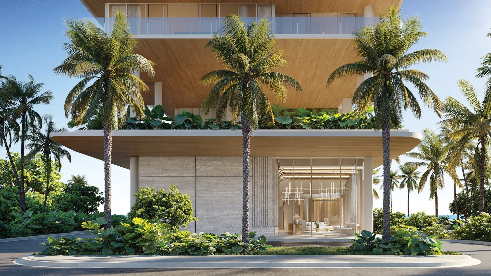 Ocean House, Miami Beach tropical building exterior with palms—South of Fifth; boutique address of luxury and ultra luxury condos; resale.