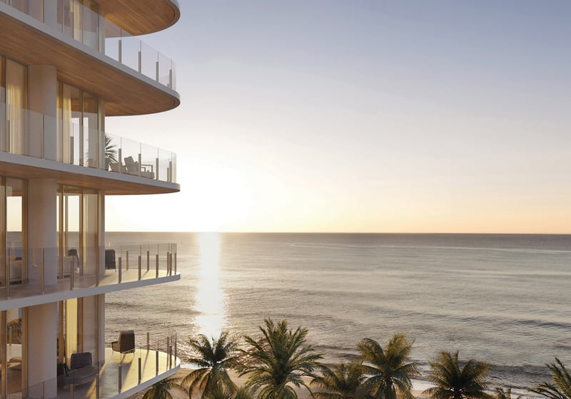 Ocean House, Surfside, oceanfront condo at sunset, boutique building on the sand; luxury and ultra luxury condos, prime resale. Featuring modern.