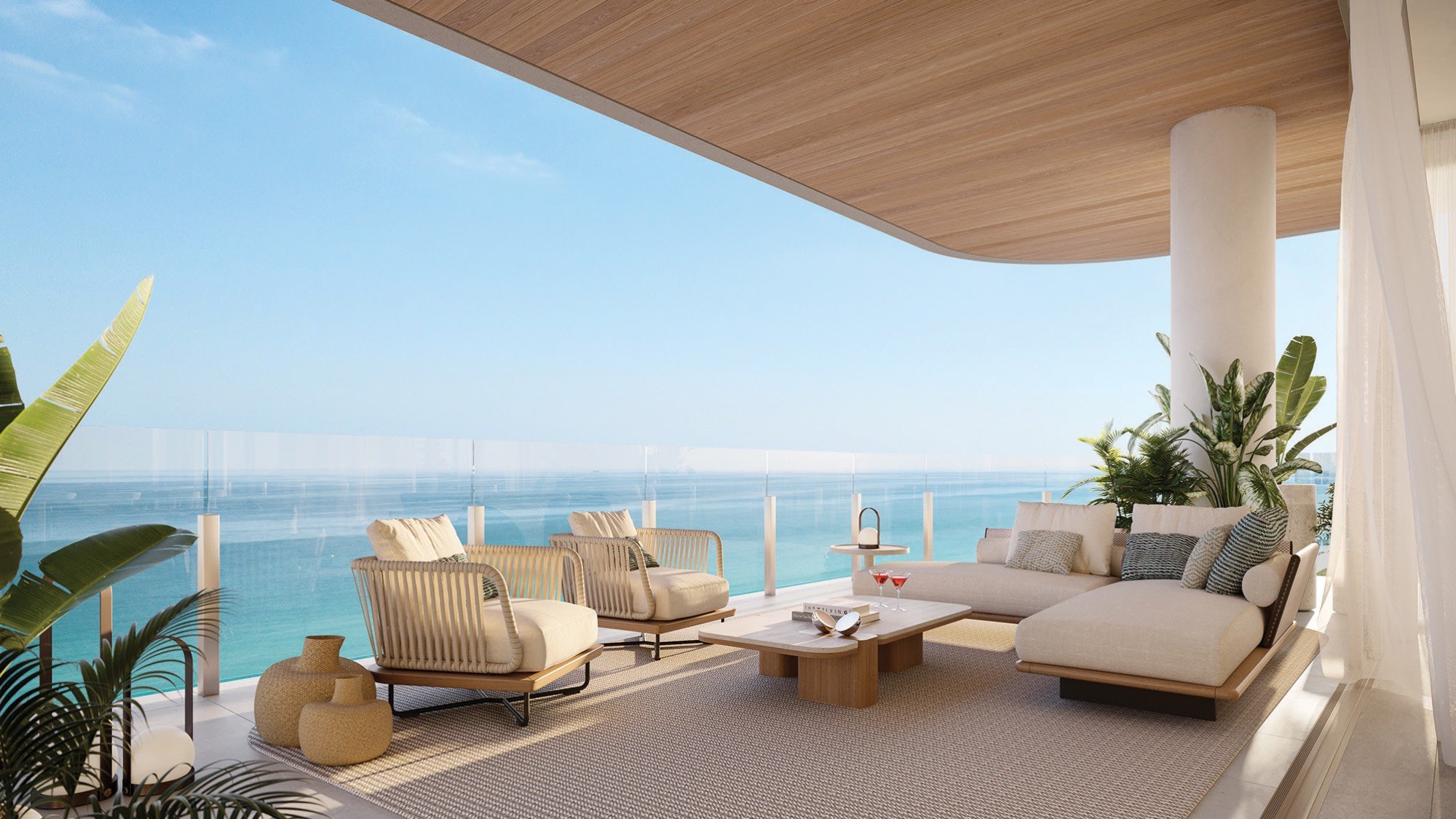 Ocean House, Surfside, balcony lounge facing the Atlantic, serene coastal living; luxury and ultra luxury condos, resale. Featuring oceanview.