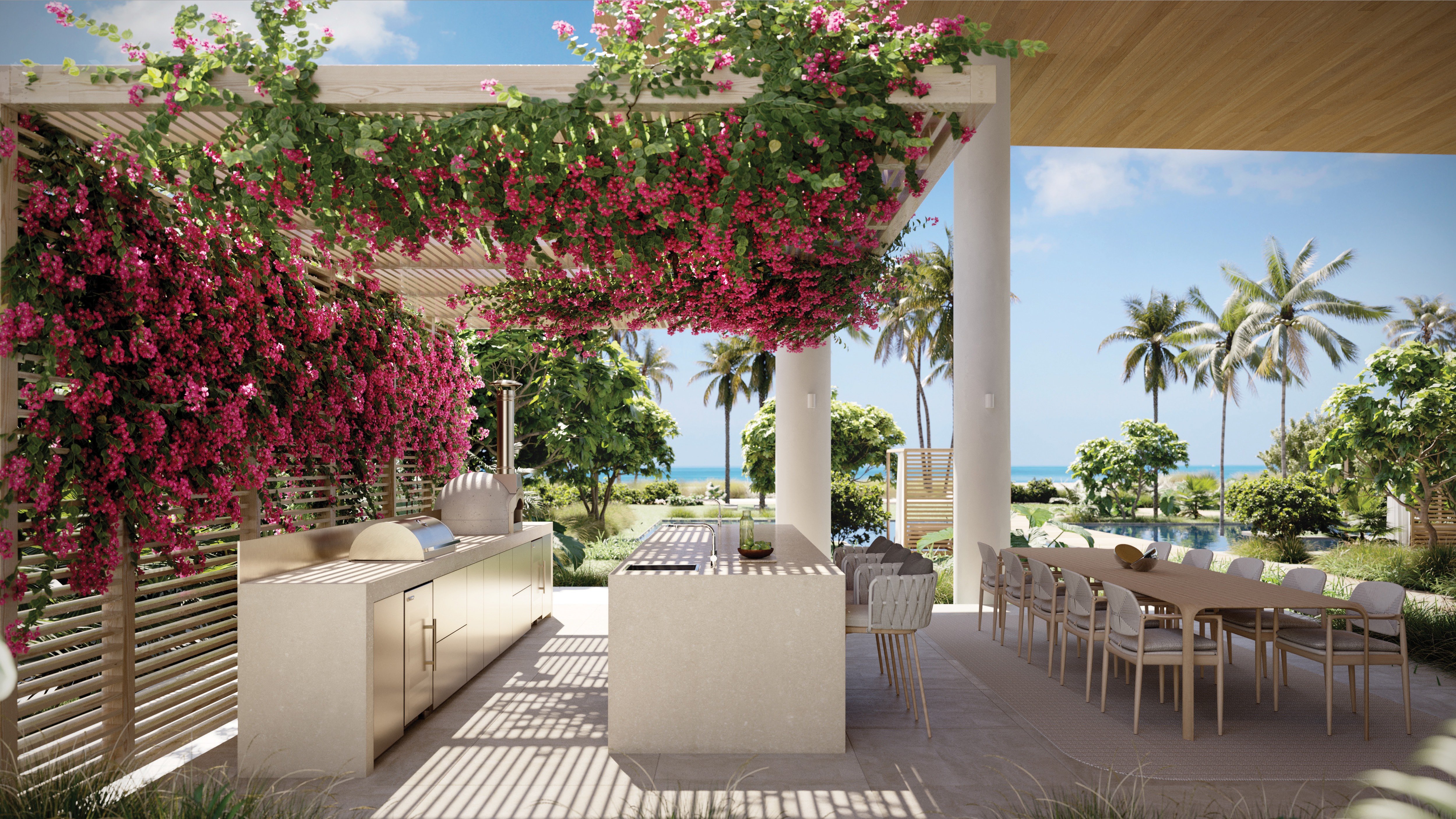 Ocean House, Surfside tropical outdoor kitchen with sea view, alfresco entertaining for luxury and ultra luxury condos; resale.