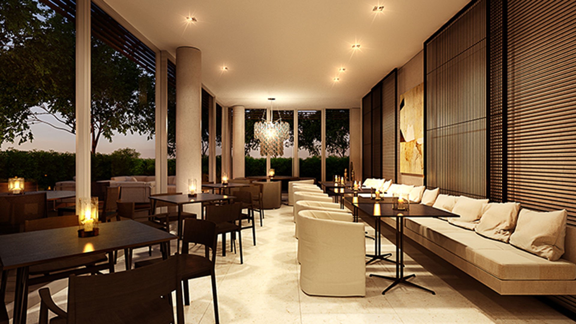 Restaurant dining room with banquette seating and softly lit tables at dusk at Oceana Bal Harbour in Bal Harbour, Florida, extending the refined luxury hospitality of these ultra luxury condos.