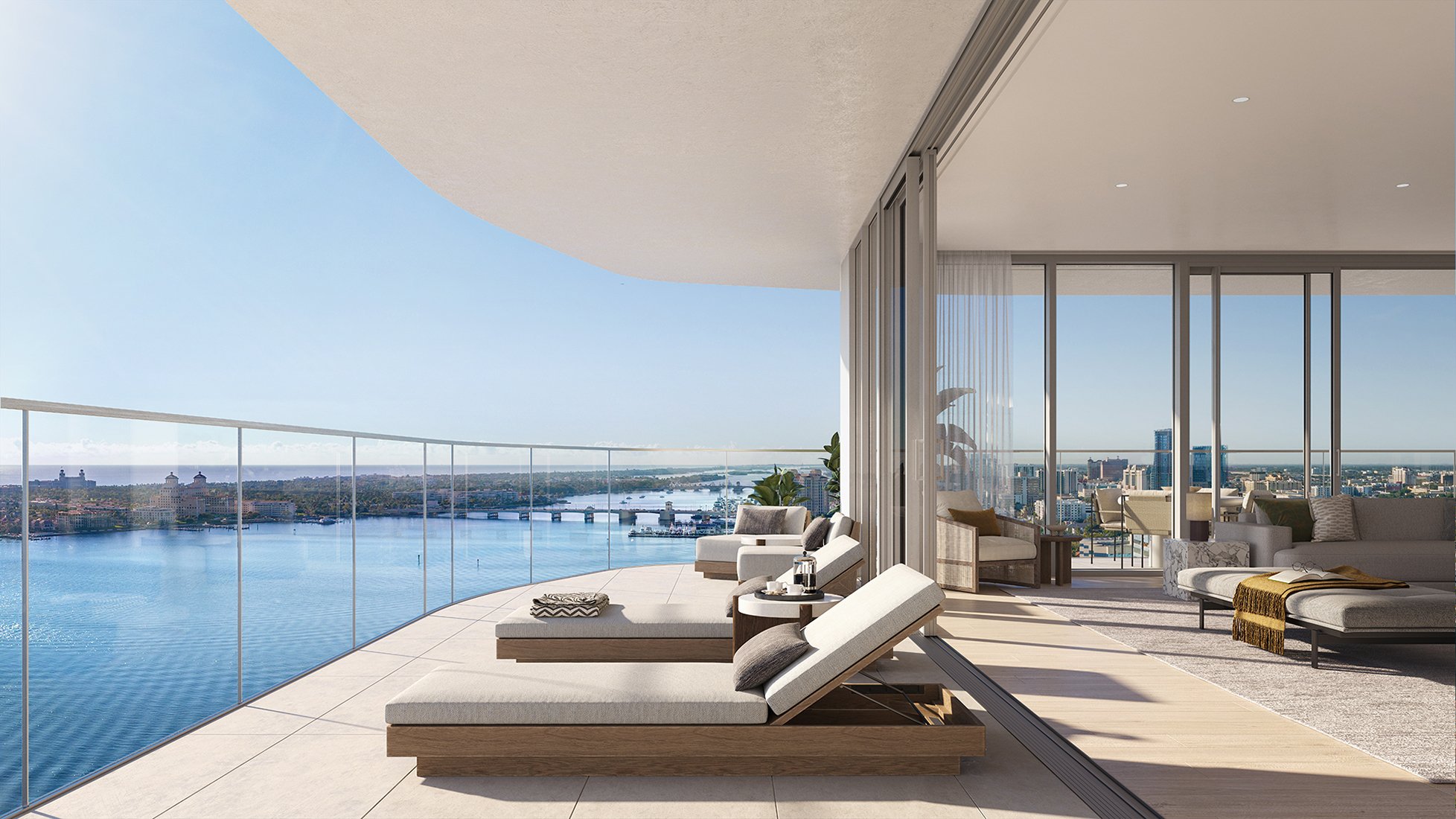 Balcony view at Olara in West Palm Beach showcasing ultra luxury waterfront condos with panoramic cityscape and coastal skyline. Featuring modern.