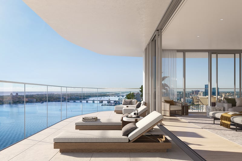 Balcony view at Olara in West Palm Beach showcasing ultra luxury waterfront condos with panoramic cityscape and coastal skyline. Featuring modern.