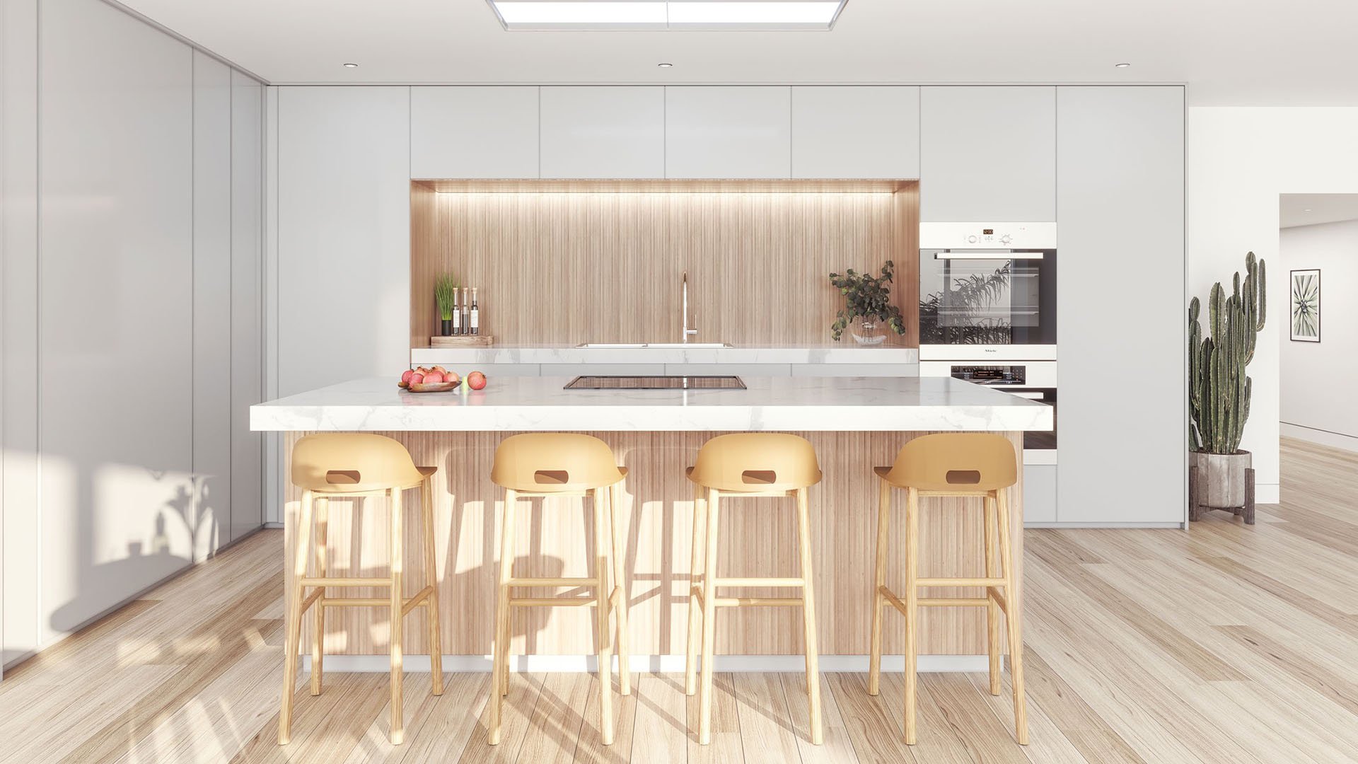 Onda Bay Harbor modern kitchen in Bay Harbor Islands, Miami, Florida showcasing large island, bar stools, minimalist cabinetry and integrated appliances-luxury and ultra luxury preconstruction condos residences.