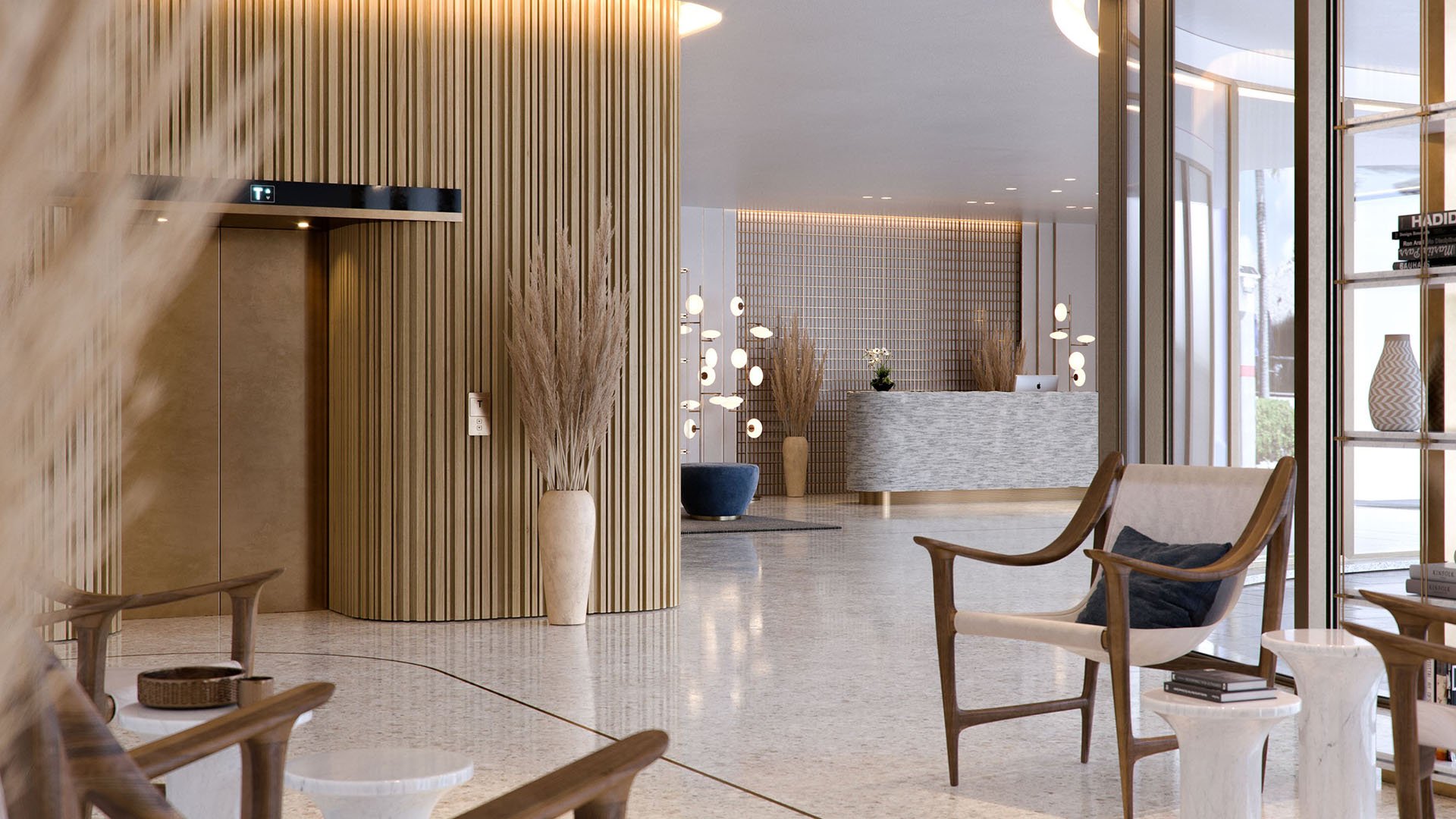 Onda Bay Harbor lobby in Bay Harbor Islands, Miami, Florida with wood-slat elevator surround, lounge seating and reception-luxury and ultra luxury preconstruction condos interior design.