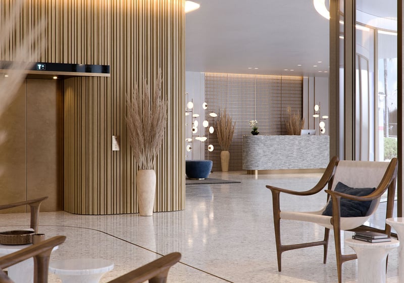 Onda Bay Harbor lobby in Bay Harbor Islands, Miami, Florida with wood-slat elevator surround, lounge seating and reception-luxury and ultra luxury preconstruction condos interior design.