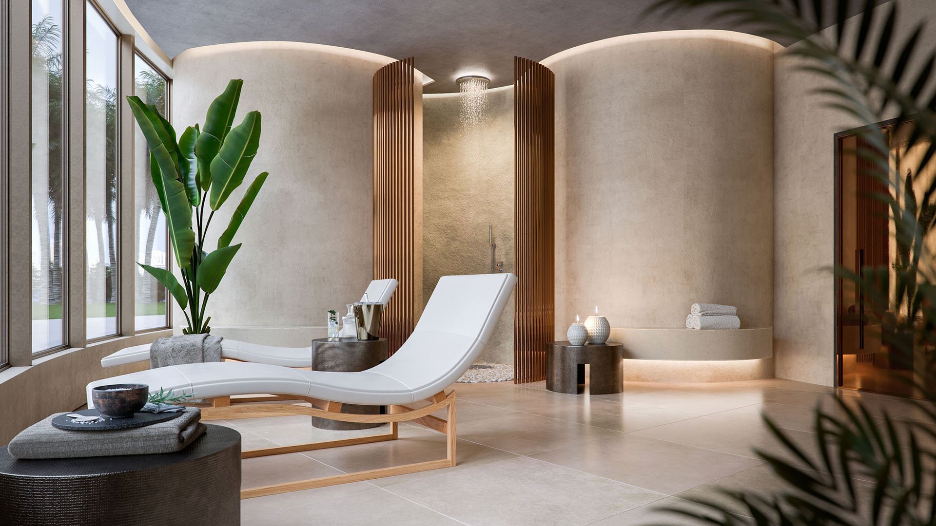 Onda Bay Harbor spa relaxation room in Bay Harbor Islands, Miami, Florida with chaise lounges and rain-shower feature behind wood screens-luxury and ultra luxury preconstruction condos wellness amenity.