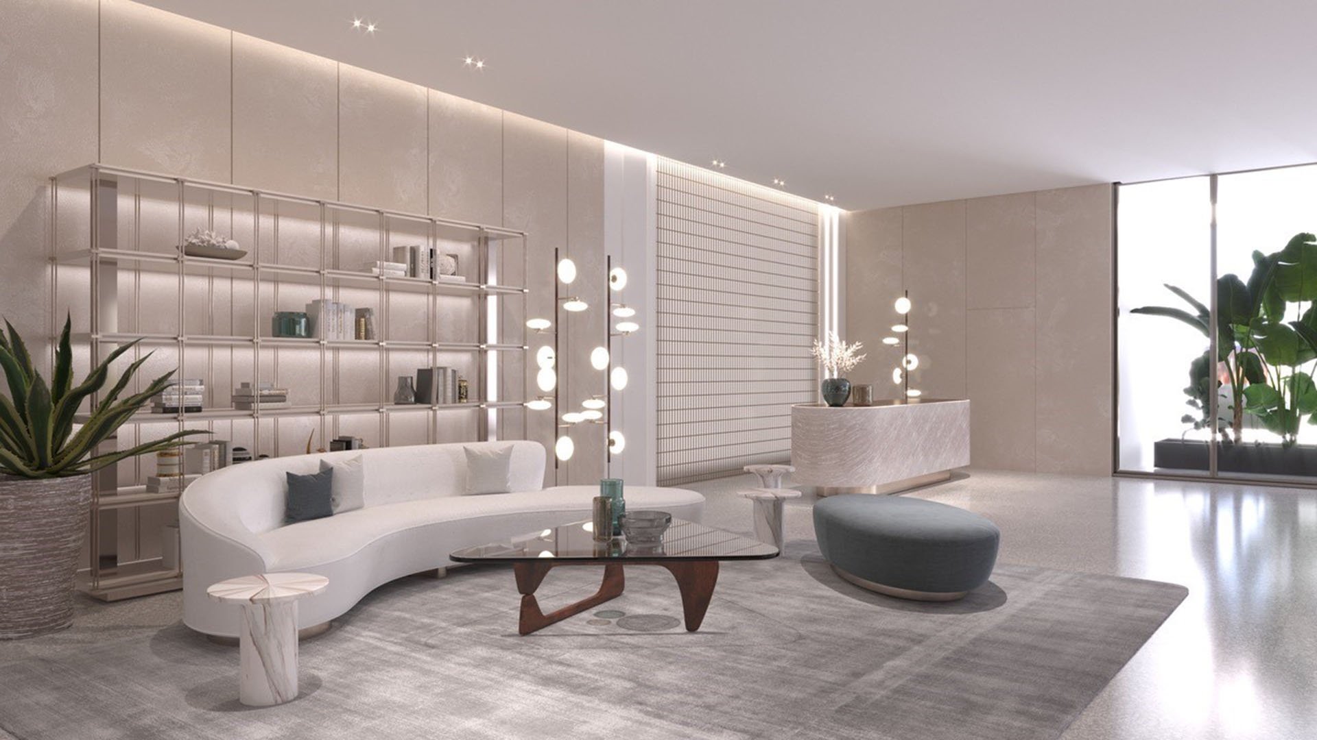 Resident lobby at Onda, Bay Harbor Islands, Miami, Florida, with concierge desk, sculptural seating and curated shelving, reflecting luxury and ultra luxury preconstruction condos amenities and design.