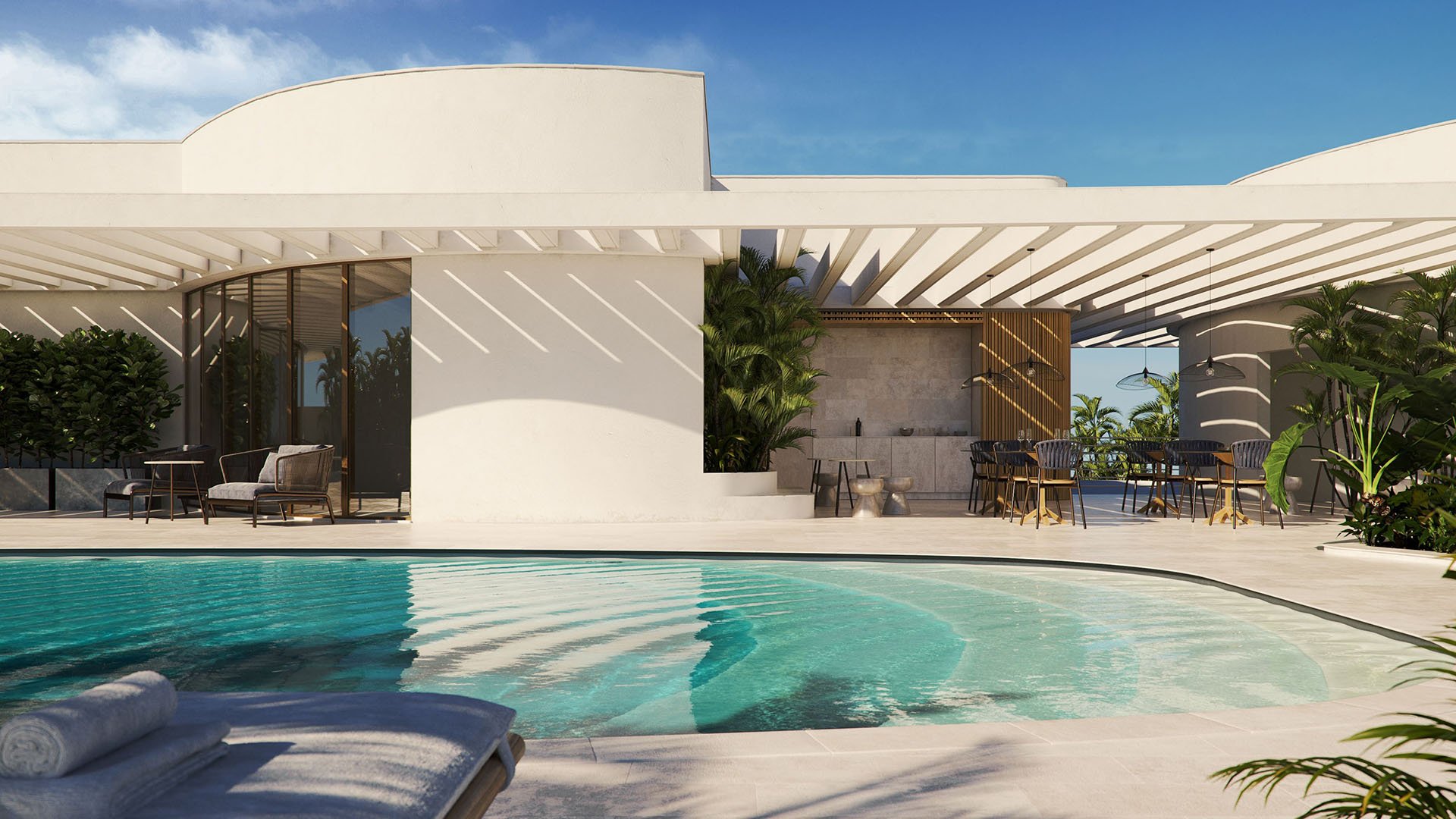 Rooftop amenity deck at Onda, Bay Harbor Islands, Miami, Florida, with resort-style pool, pergola lounge and outdoor dining, showcasing luxury and ultra luxury preconstruction condos amenities.