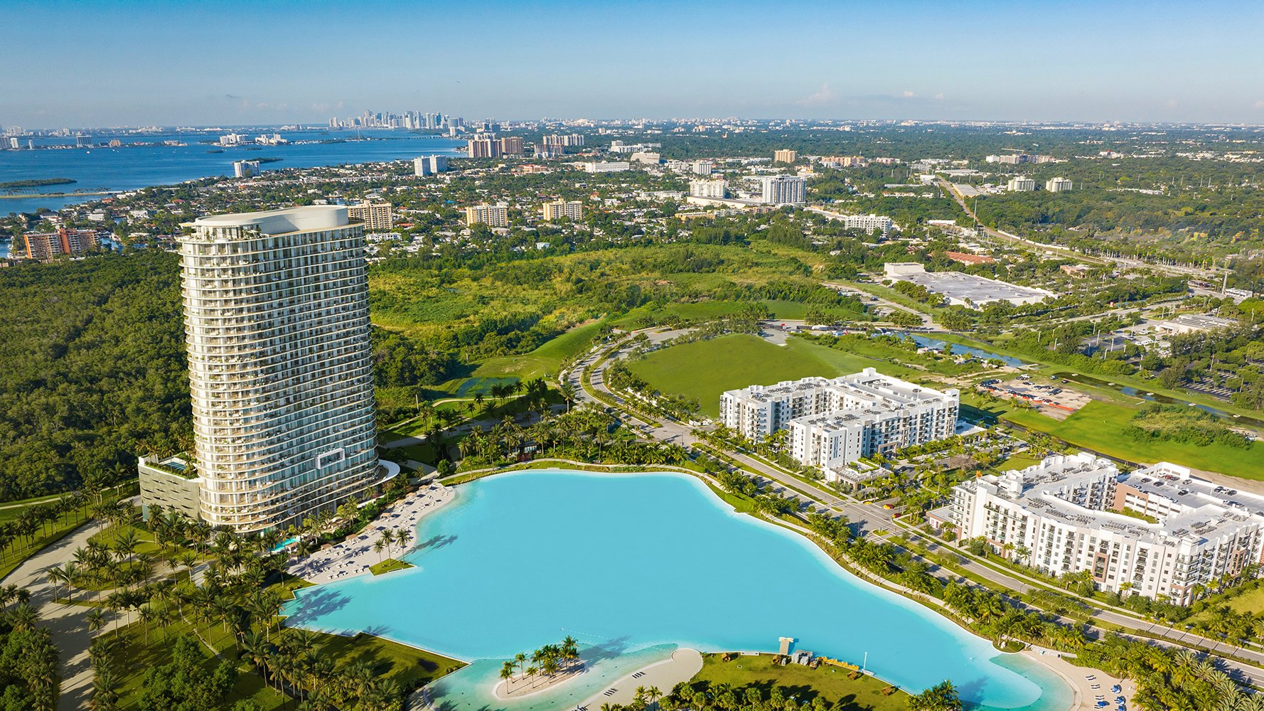 One Park Tower by Turnberry aerial over waterfront resort setting in North Miami; luxury skyline views for ultra luxury preconstruction condos at SoLé Mia. Featuring view.