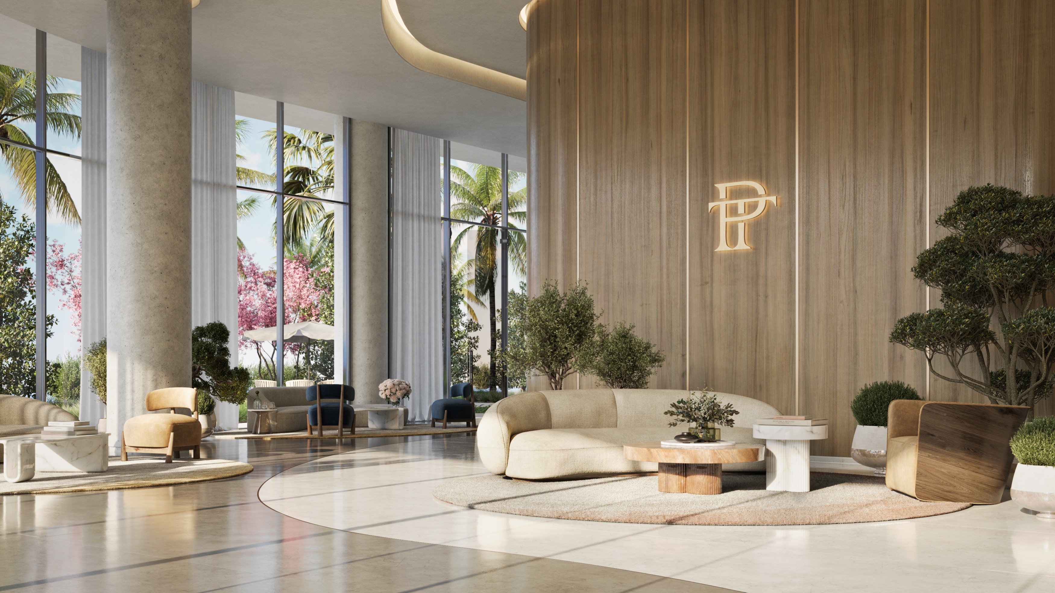 One Park Tower by Turnberry luxurious lobby with contemporary design in North Miami; luxury arrival for ultra luxury preconstruction condos at SoLé Mia. Featuring interior.