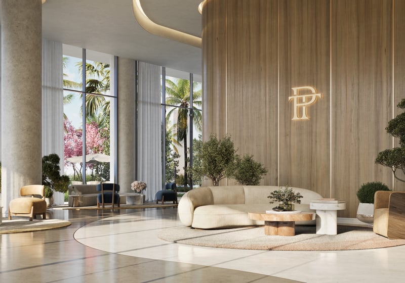 One Park Tower by Turnberry luxurious lobby with contemporary design in North Miami; luxury arrival for ultra luxury preconstruction condos at SoLé Mia. Featuring interior.