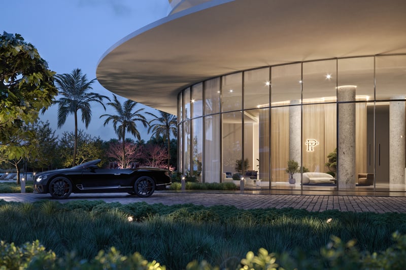One Park Tower by Turnberry entrance drive with sports car in North Miami; luxury arrival for ultra luxury preconstruction condos. Featuring home and exterior.