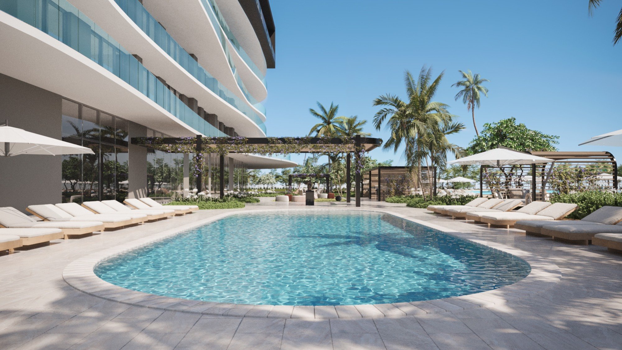 One Park Tower by Turnberry poolside resort deck in North Miami; luxury leisure space for ultra luxury preconstruction condos at SoLé Mia.