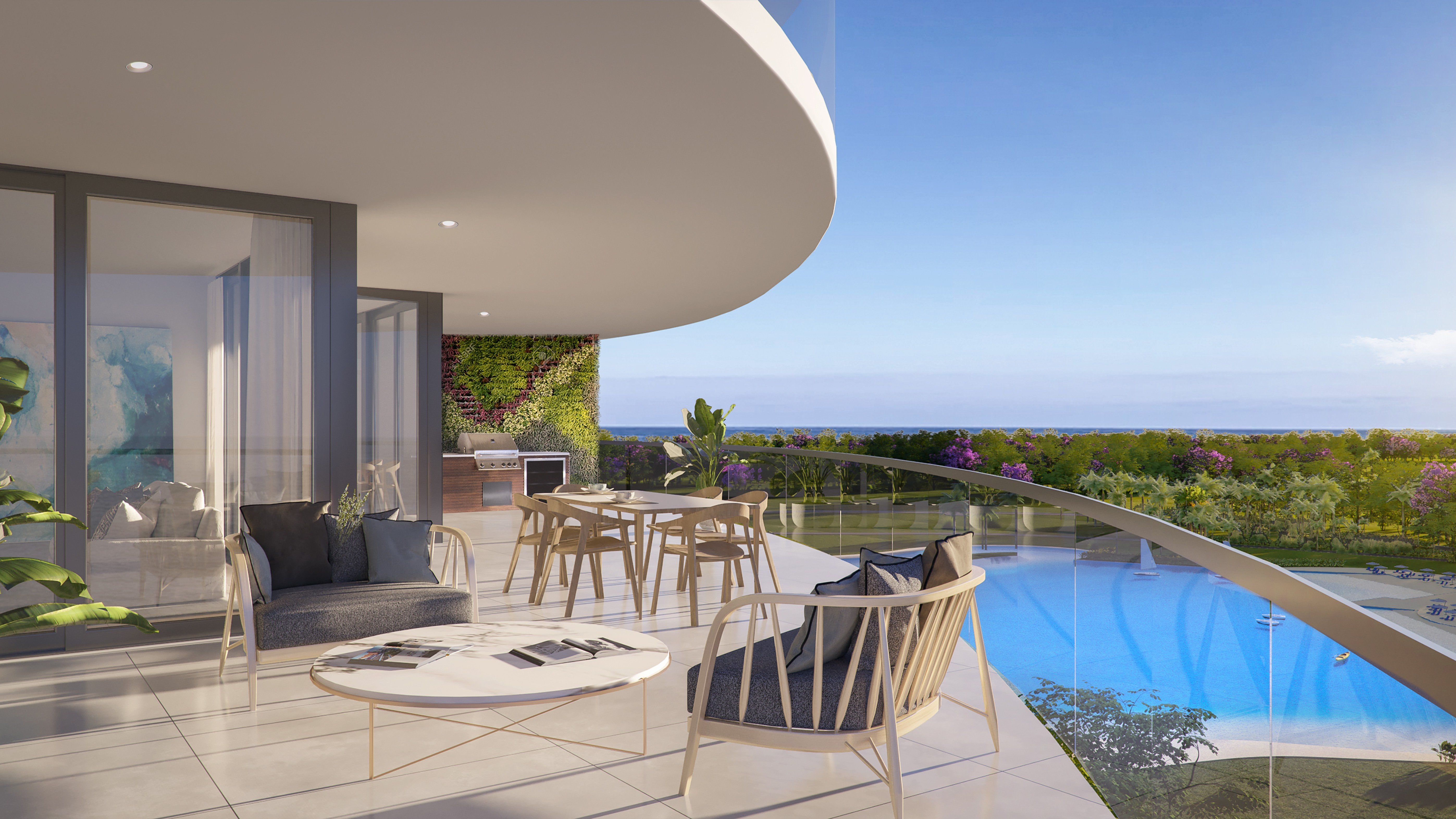 One Park Tower by Turnberry modern balcony with ocean view in North Miami; luxury terrace for ultra luxury preconstruction condos at SoLé Mia.