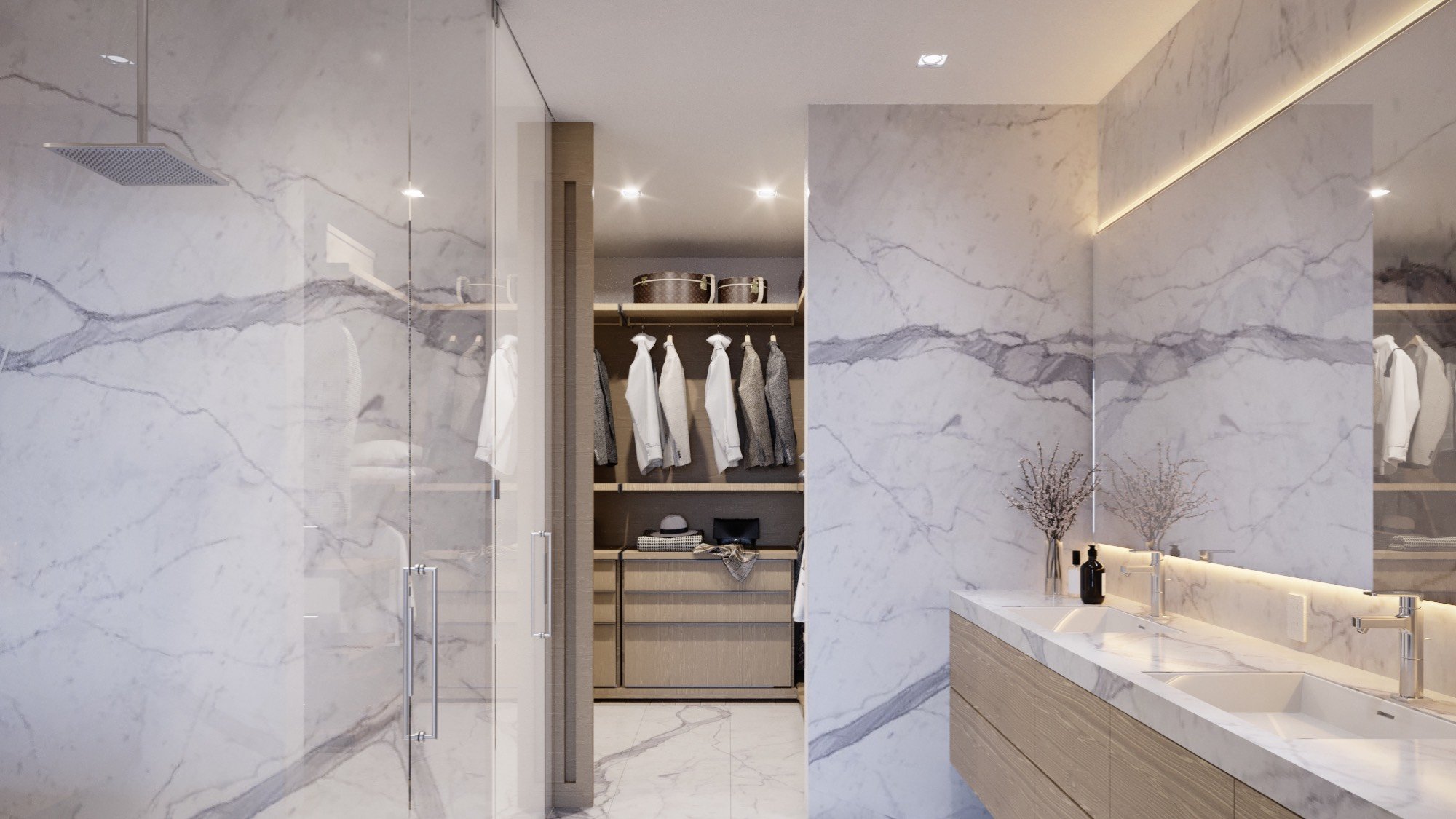 One Park Tower by Turnberry modern bathroom interior design in North Miami; luxury spa‑style finishes for ultra luxury preconstruction condos.