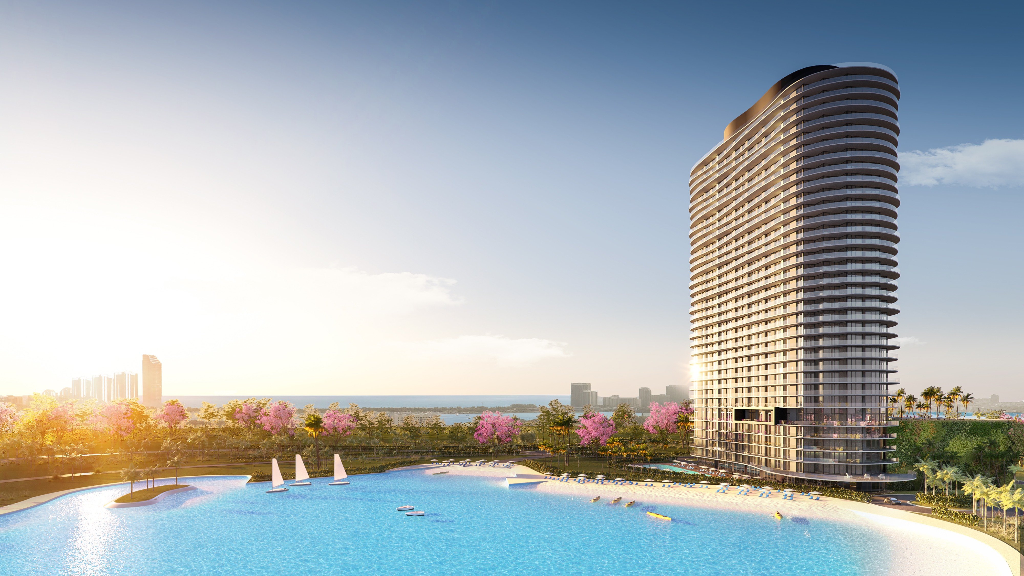 One Park Tower by Turnberry high‑rise with pool and sailboats in North Miami; luxury waterfront tower for ultra luxury preconstruction condos at SoLé Mia. Featuring modern.