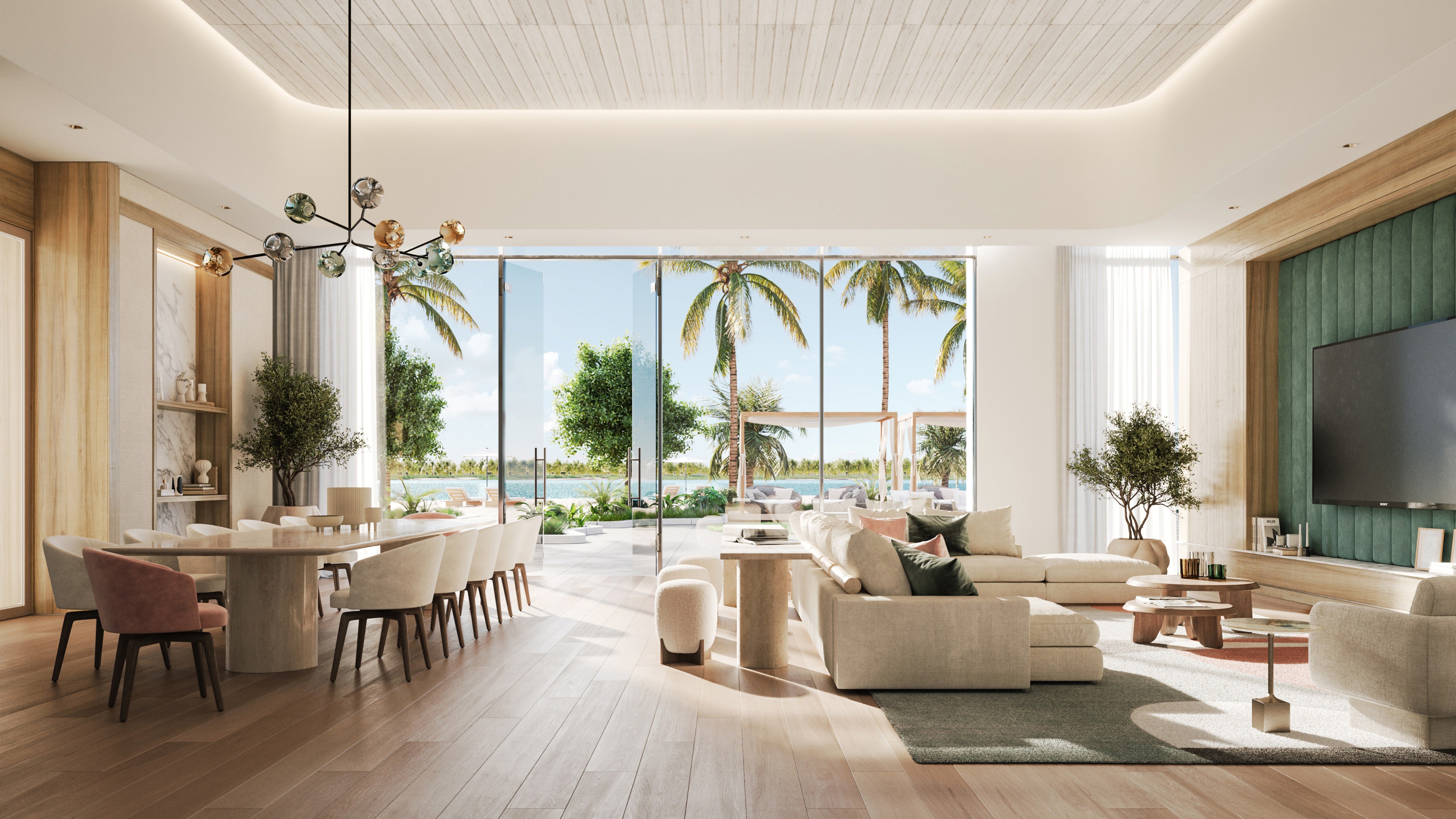 One Park Tower by Turnberry living room with ocean view; luxury waterfront outlook for ultra luxury preconstruction condos in North Miami. Featuring modern.