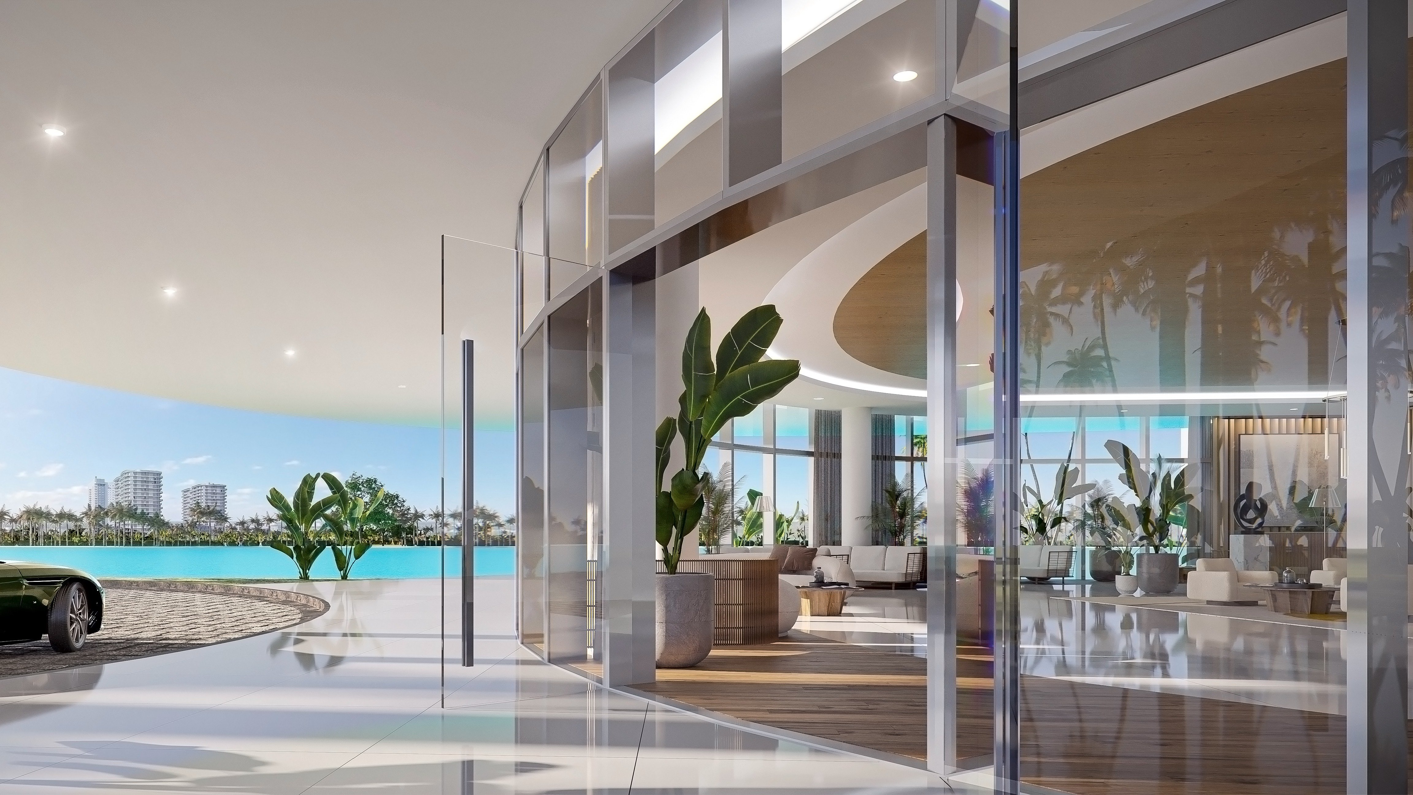 One Park Tower by Turnberry living room with waterfront view; luxury indoor‑outdoor feel for ultra luxury preconstruction condos at SoLé Mia, North Miami. Featuring modern.