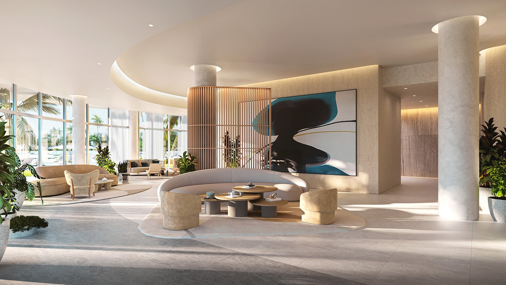One Park Tower by Turnberry modern lobby interior; luxury arrival for ultra luxury preconstruction condos in North Miami’s SoLé Mia. Featuring design.