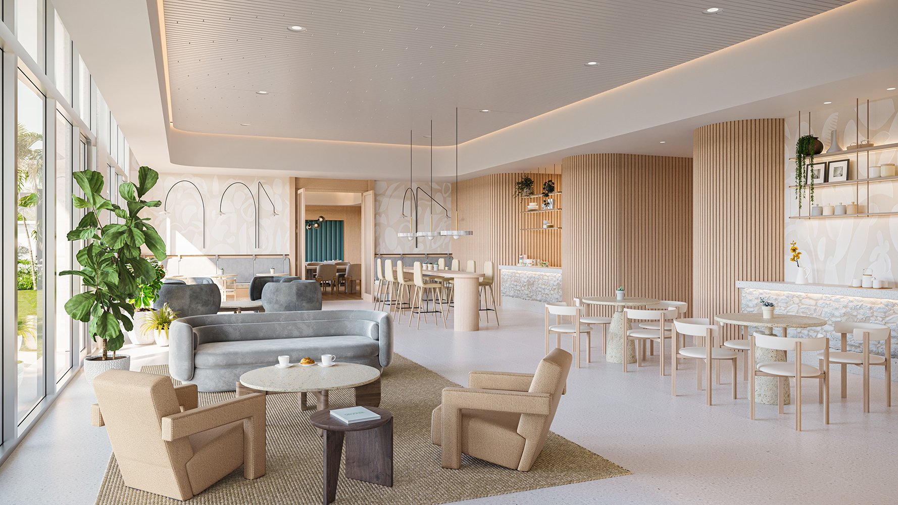 One Park Tower by Turnberry lounge interior; luxury social space serving ultra luxury preconstruction condos at SoLé Mia, North Miami. Featuring modern design.