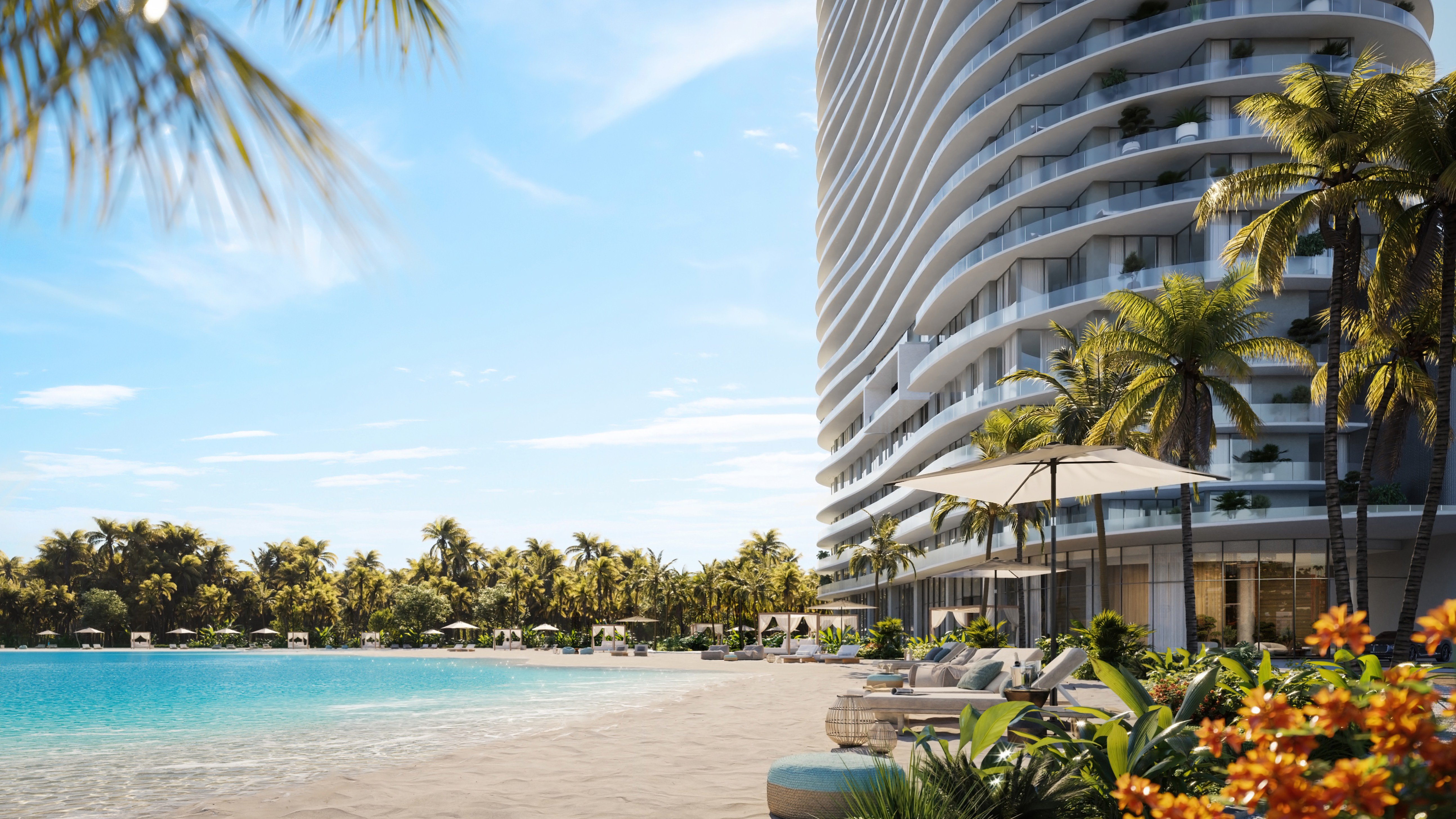 One Park Tower by Turnberry tropical beachfront resort view; luxury coastal lifestyle for ultra luxury preconstruction condos at SoLé Mia, North Miami.