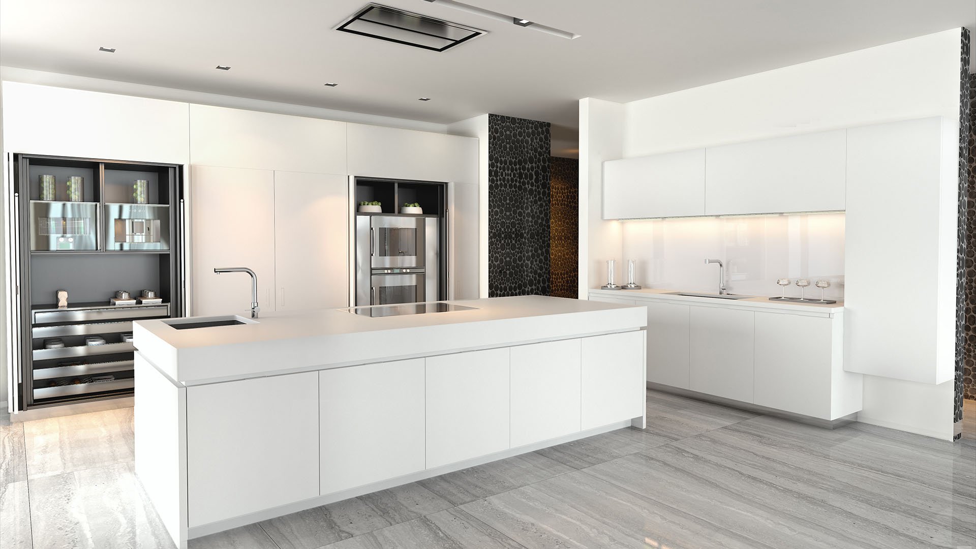 Bright chef kitchen at One Thousand Museum in Downtown Miami with a large white island, minimalist cabinetry, and refined finishes for luxury and ultra luxury condos.