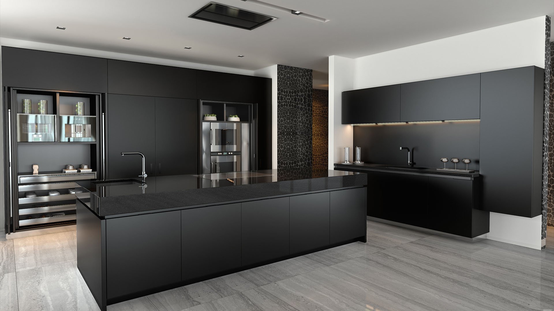 Chef kitchen at One Thousand Museum in Downtown Miami with a matte black island, dark cabinetry, and streamlined detailing for luxury and ultra luxury condos.