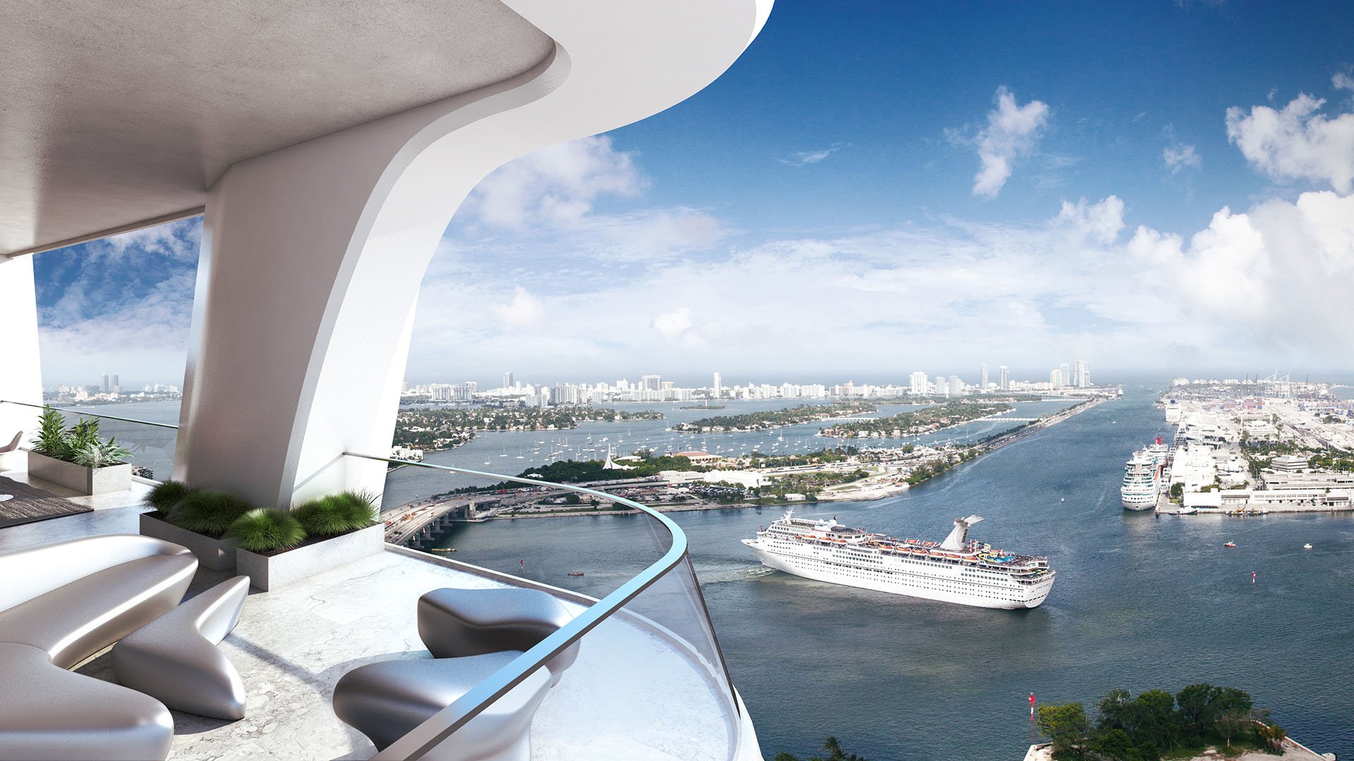 Curved balcony at One Thousand Museum in Downtown Miami overlooking a cruise ship, waterfront, and skyline, extending the outdoor living of luxury and ultra luxury condos.