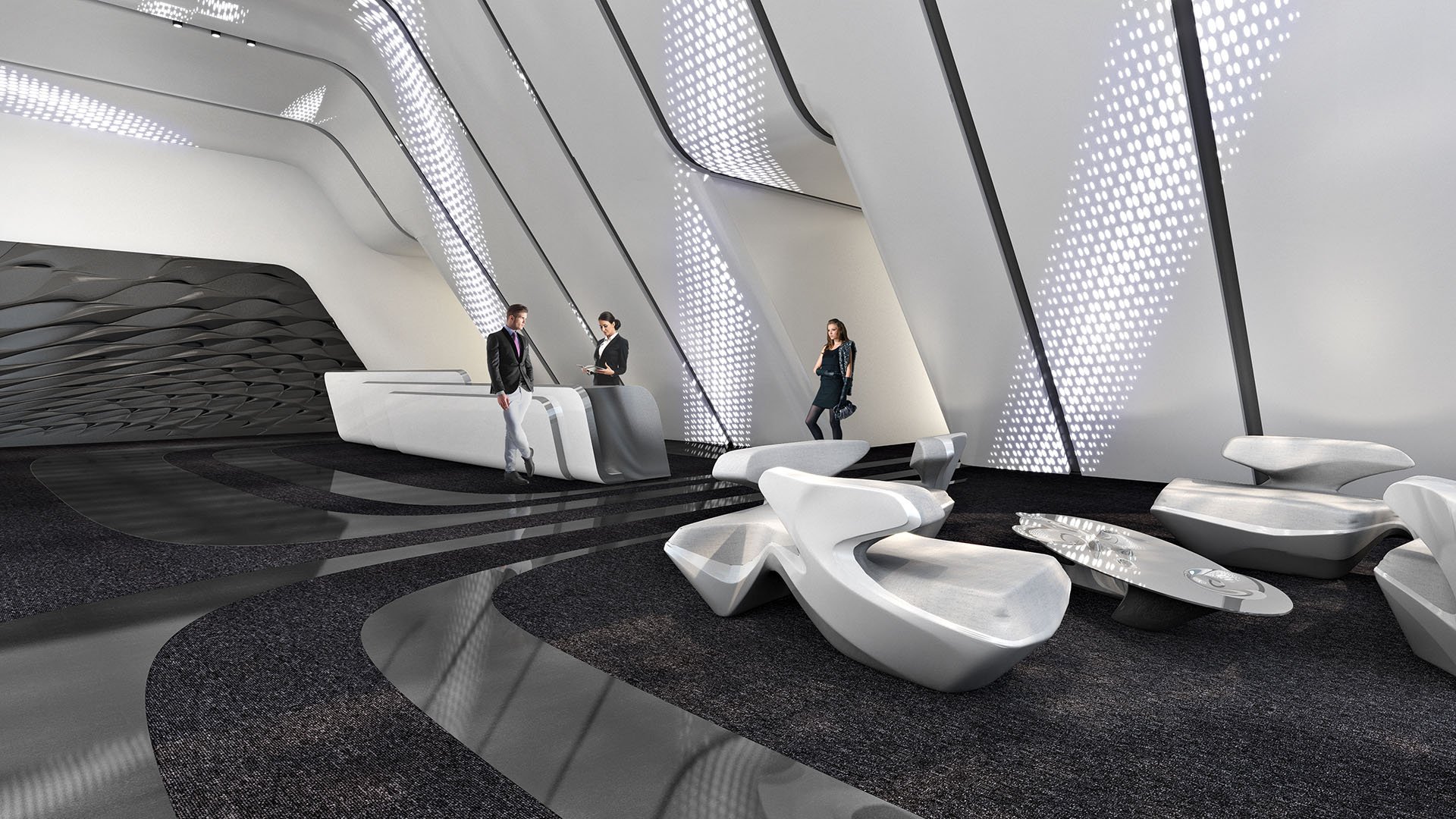 Lobby lounge at One Thousand Museum in Downtown Miami with sculptural seating, dramatic walls, and a reception desk for luxury and ultra luxury condos.