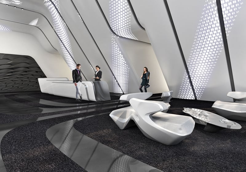 Lobby lounge at One Thousand Museum in Downtown Miami with sculptural seating, dramatic walls, and a reception desk for luxury and ultra luxury condos.