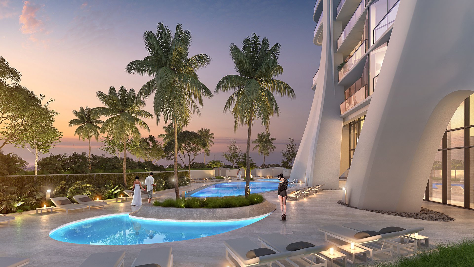 Palm-lined pool courtyard at One Thousand Museum in Downtown Miami with glowing water and the tower base at sunset for luxury and ultra luxury condos.