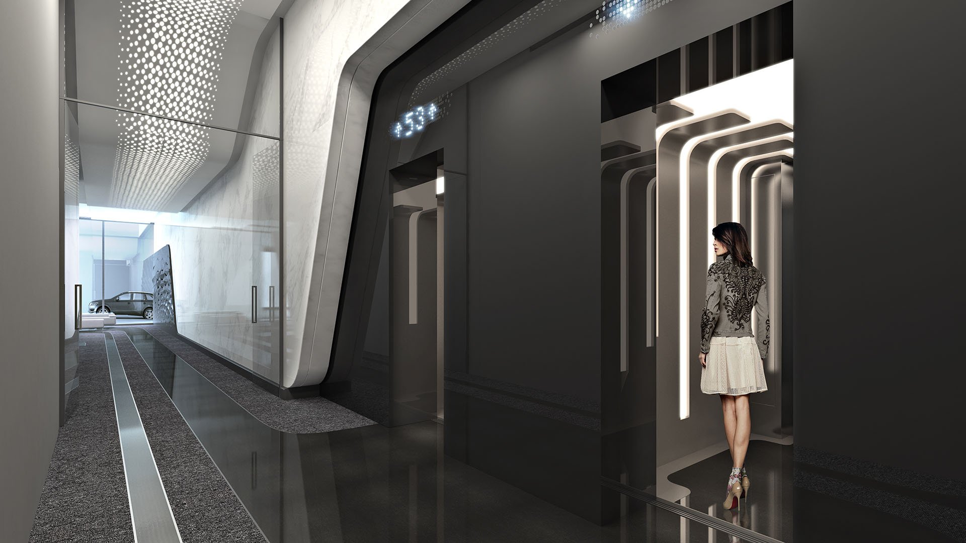 Private elevator lobby at One Thousand Museum in Downtown Miami with an illuminated portal and sleek finishes serving luxury and ultra luxury condos.