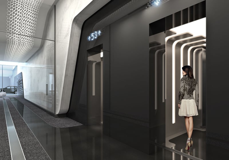 Private elevator lobby at One Thousand Museum in Downtown Miami with an illuminated portal and sleek finishes serving luxury and ultra luxury condos.
