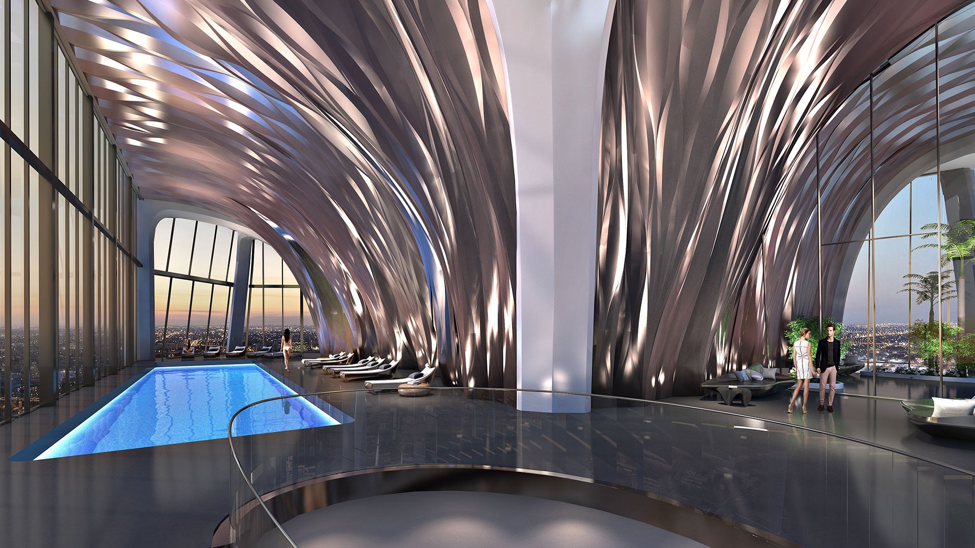 Rooftop pool terrace at One Thousand Museum in Downtown Miami under a sculptural canopy with skyline views, an amenity for luxury and ultra luxury condos.