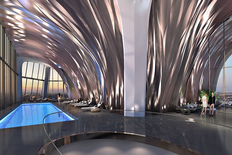 Rooftop pool terrace at One Thousand Museum in Downtown Miami under a sculptural canopy with skyline views, an amenity for luxury and ultra luxury condos.